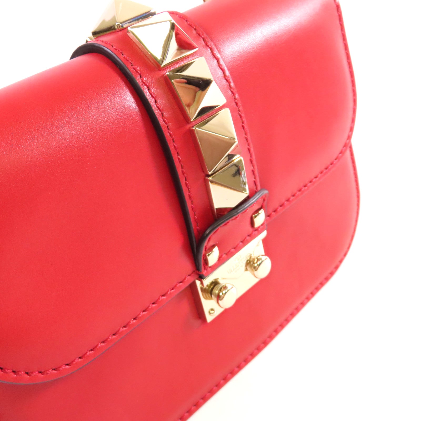 Valentino 【激減優惠】牛皮皮革Rockstud Chain Shoulder Bag金扣鏈帶肩背袋紅色