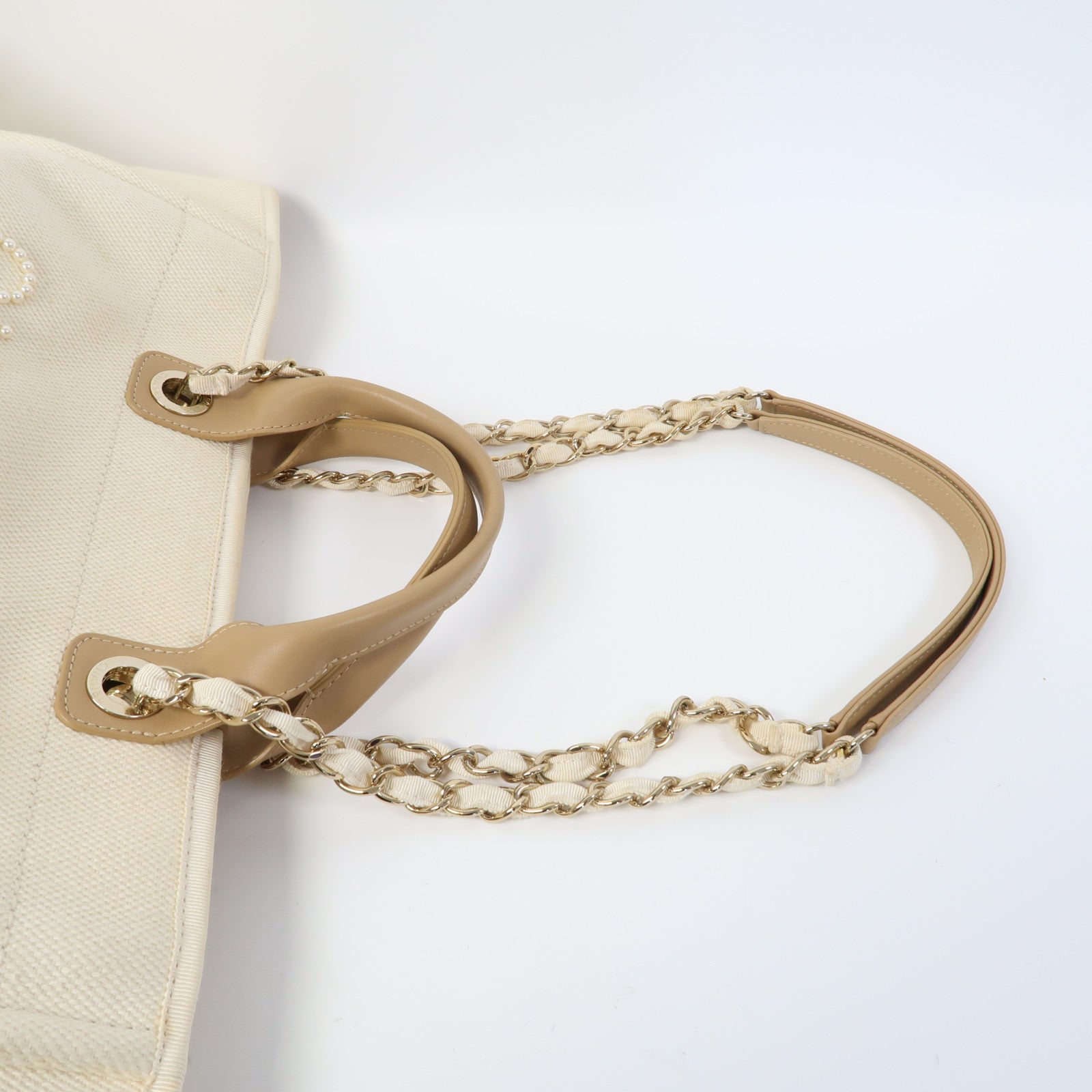 CHANEL 帆布Deauville Tote金扣手挽肩背兩用袋米色