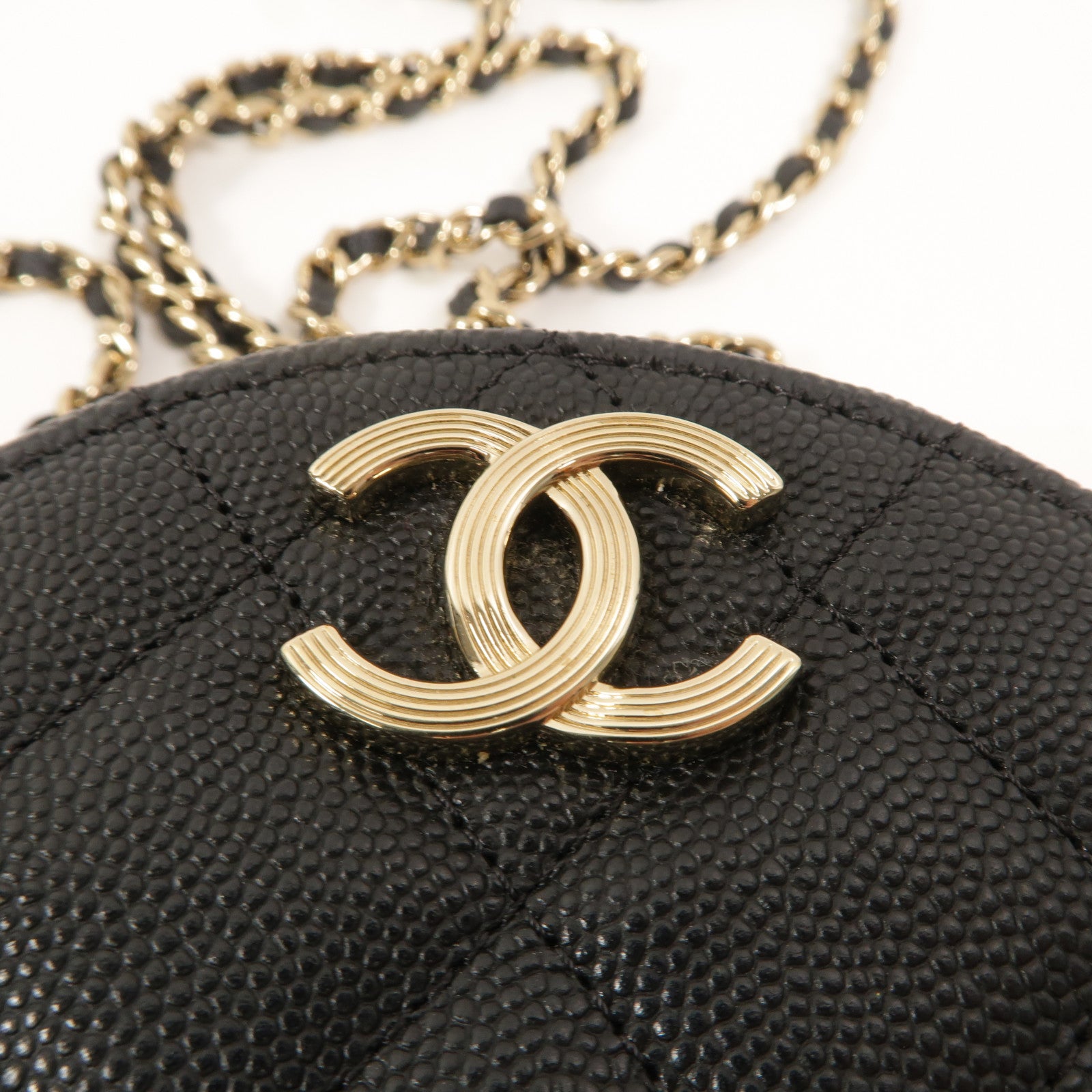 CHANEL 牛皮皮革Round Vanity Case鏈帶肩背袋