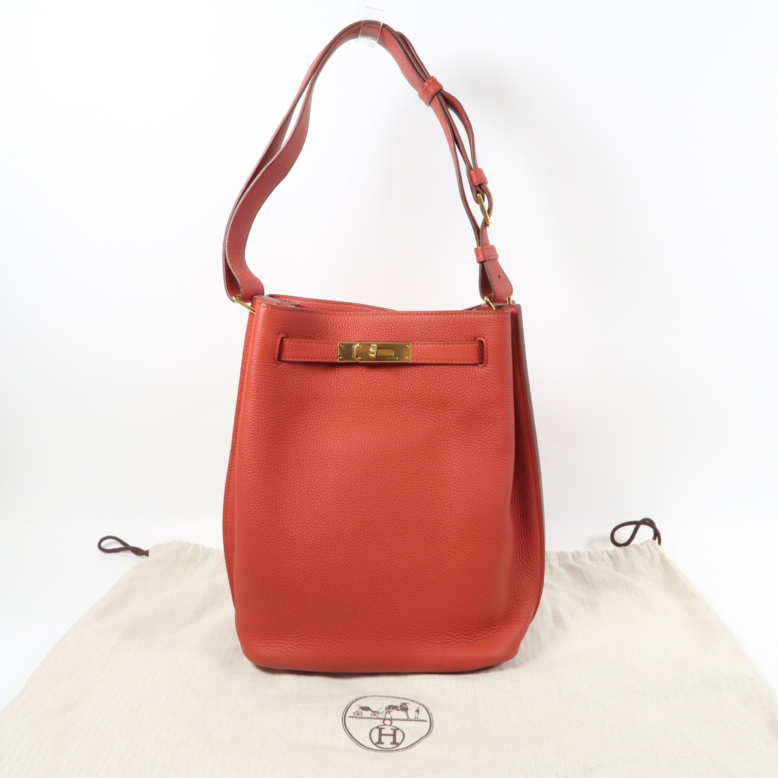 HERMES 【激減優惠】Clemence皮革So Kelly 22金扣肩背袋Sanguine/赭石紅色