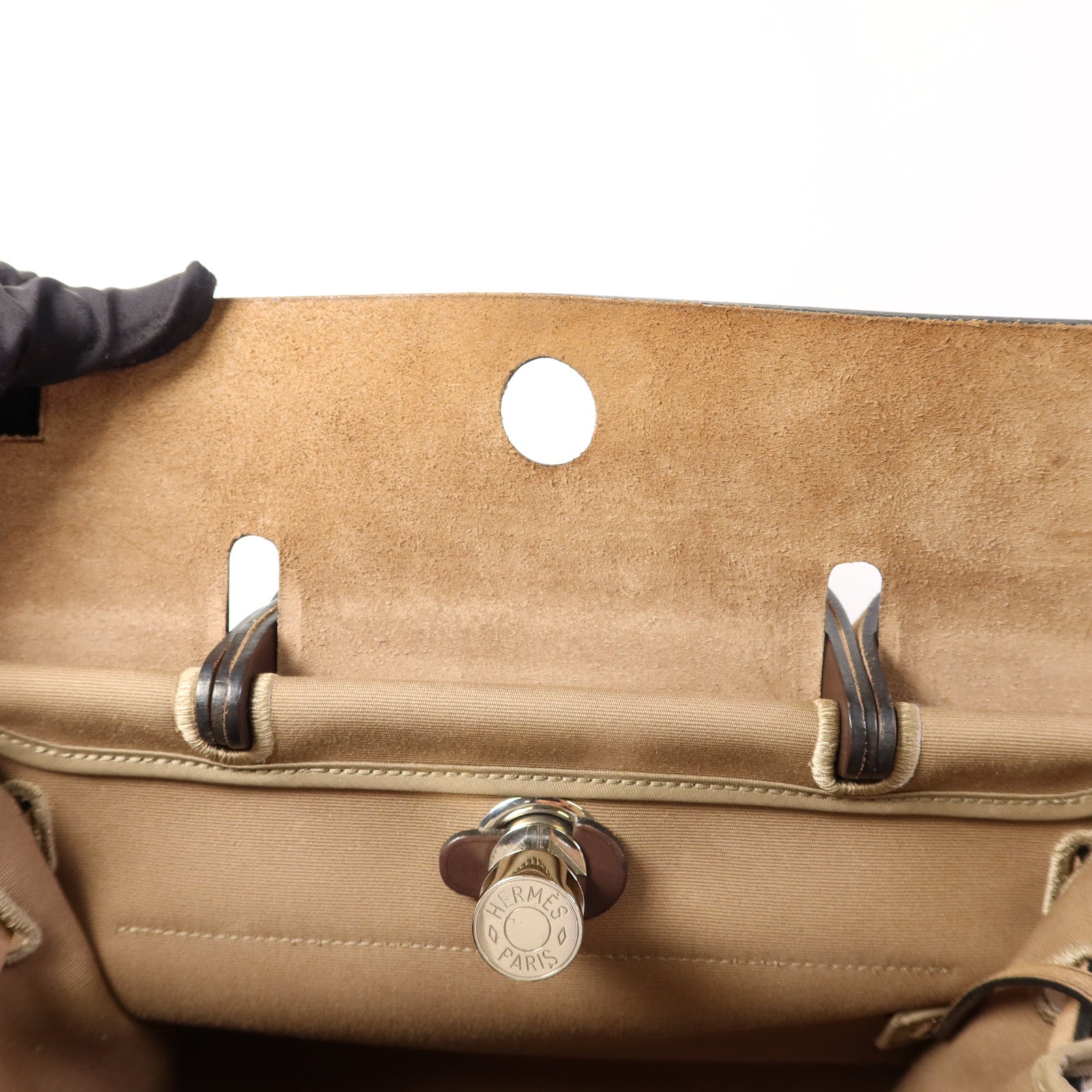 HERMES 帆布Herbag PM銀扣手挽肩背兩用袋Etoupe