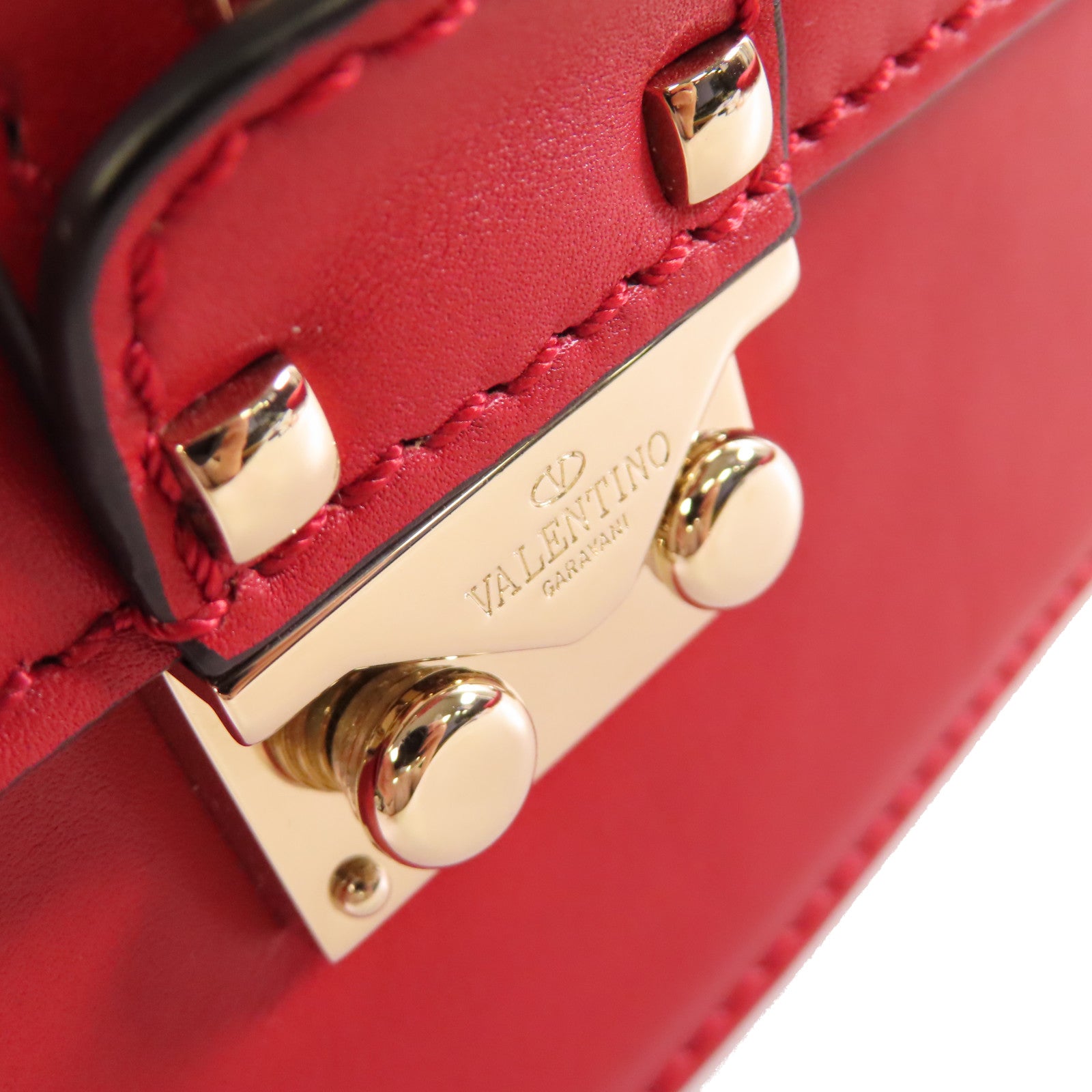 Valentino 【激減優惠】牛皮皮革Rockstud Chain Shoulder Bag金扣鏈帶肩背袋紅色