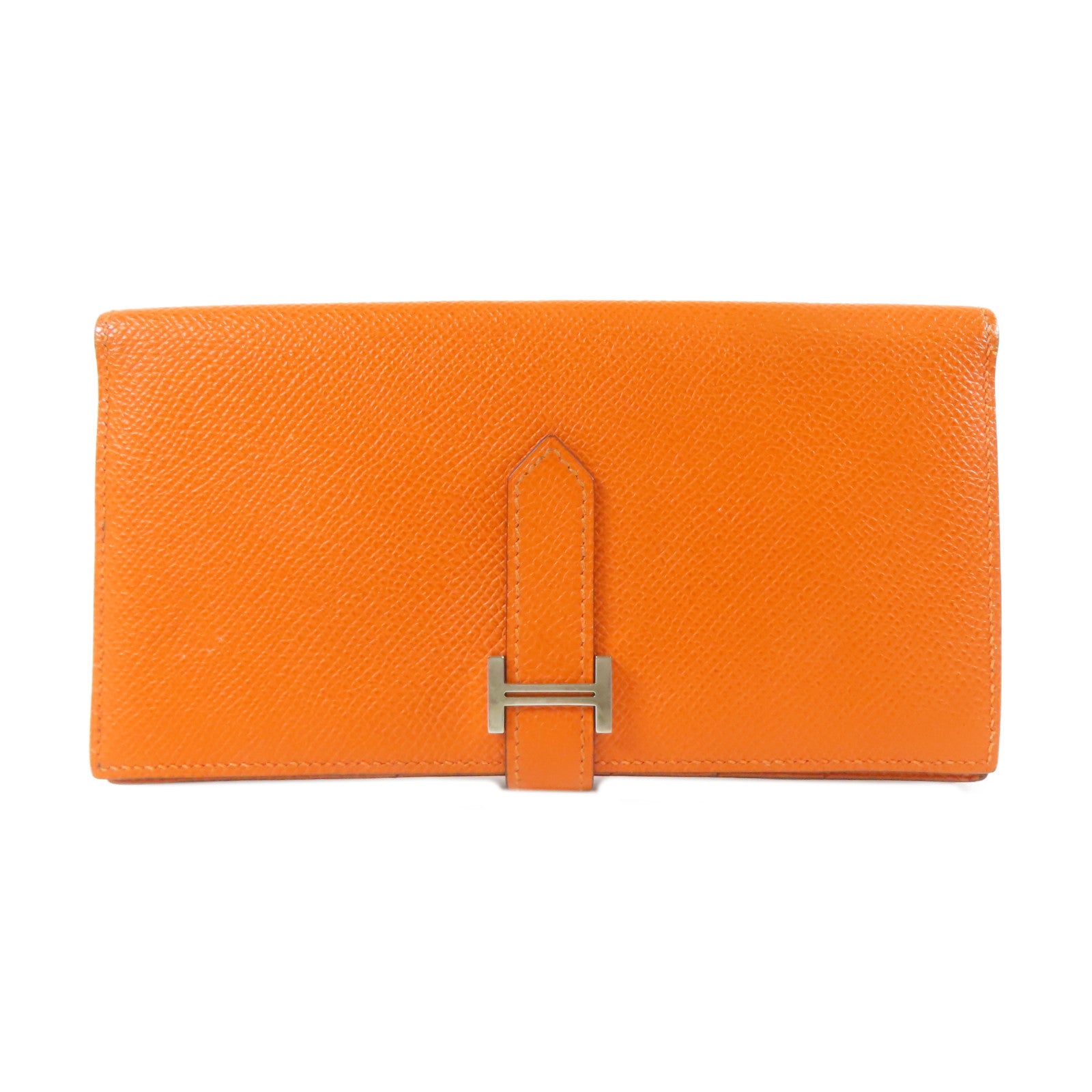 HERMES 【激減優惠】皮革Bearn Bifold Wallet銀扣長錢包橙色