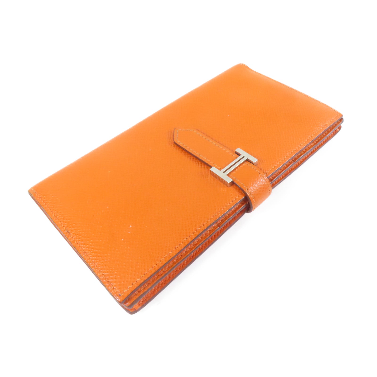 HERMES 【激減優惠】皮革Bearn Bifold Wallet銀扣長錢包橙色