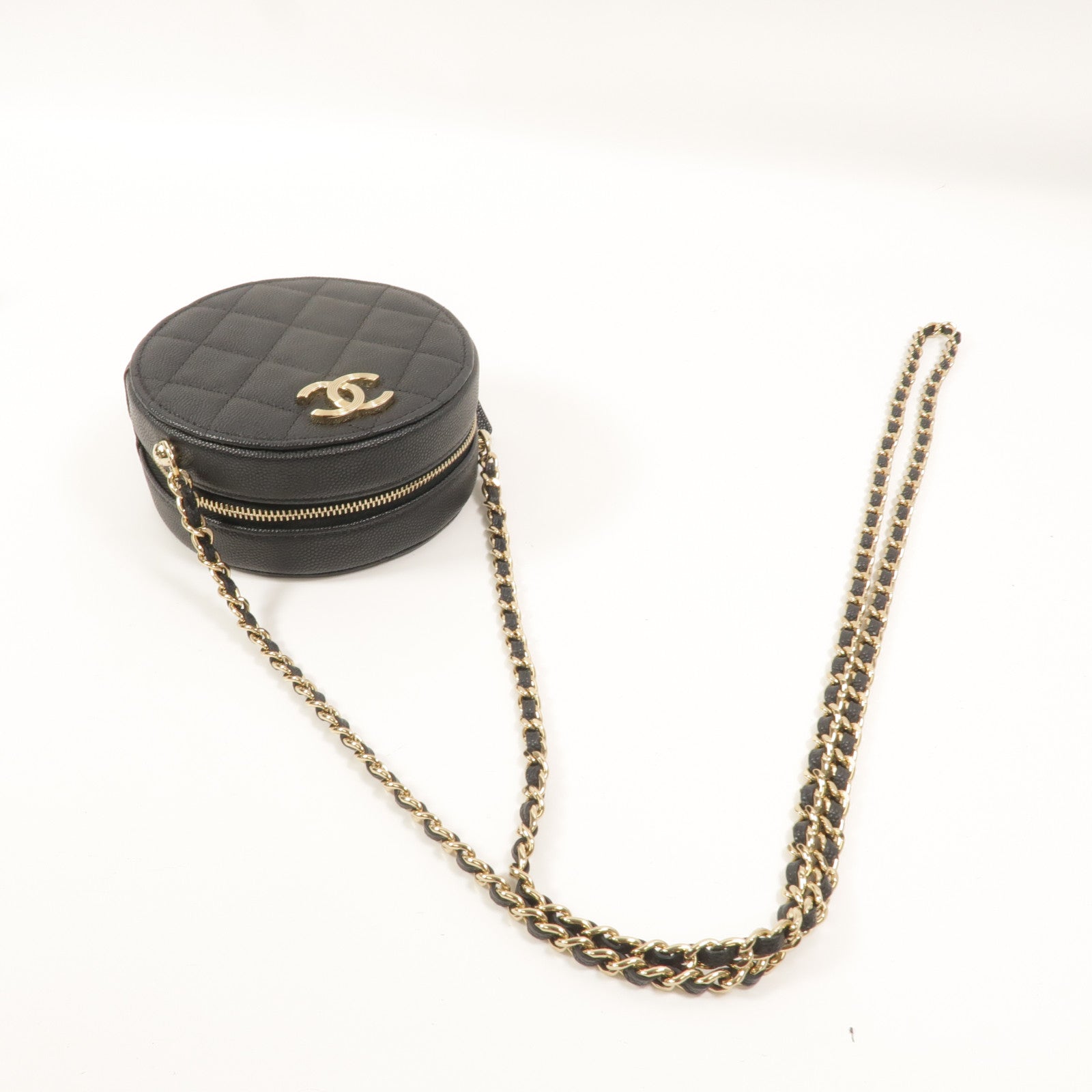 CHANEL 牛皮皮革Round Vanity Case鏈帶肩背袋