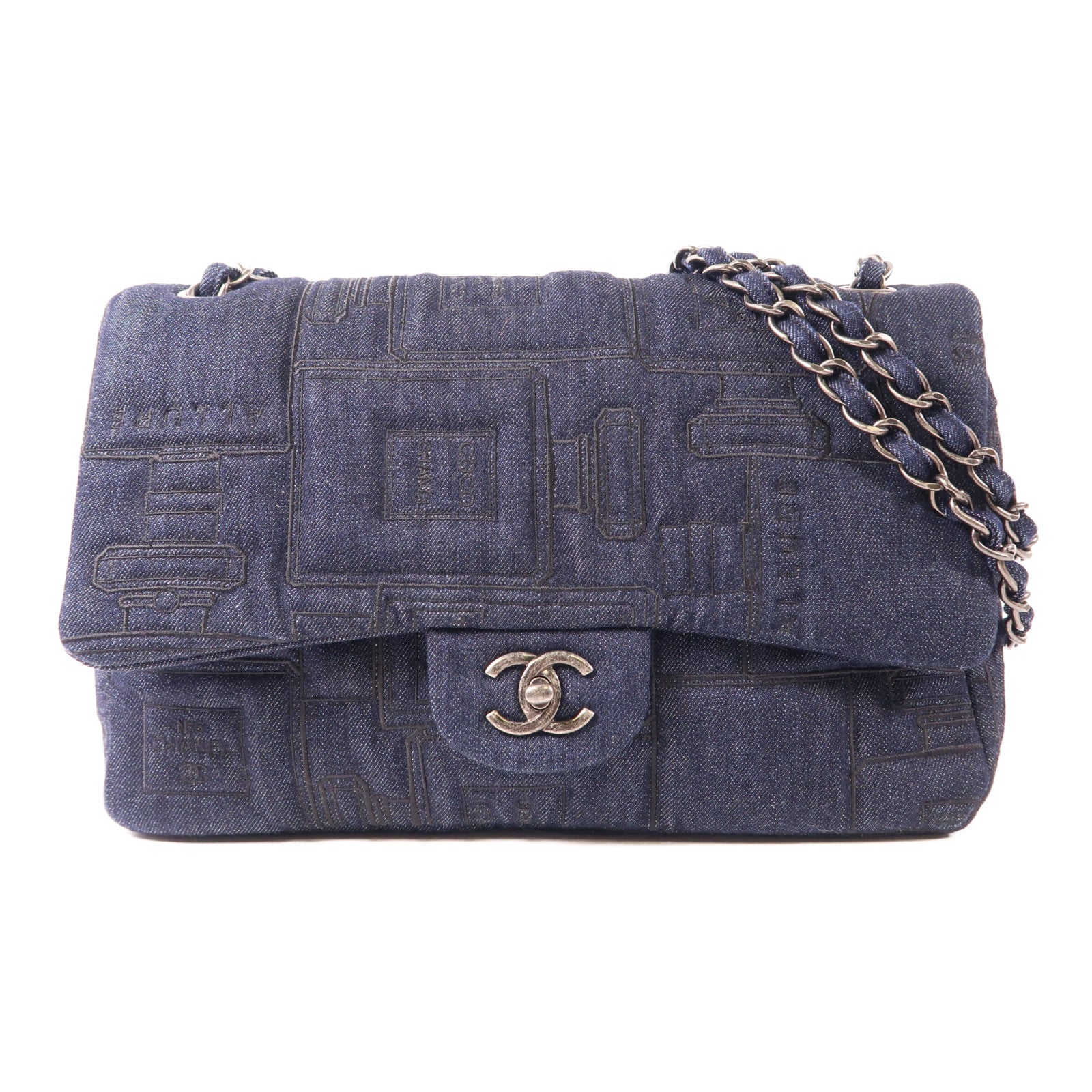 CHANEL 牛仔布Chain Shoulder銀扣肩背袋