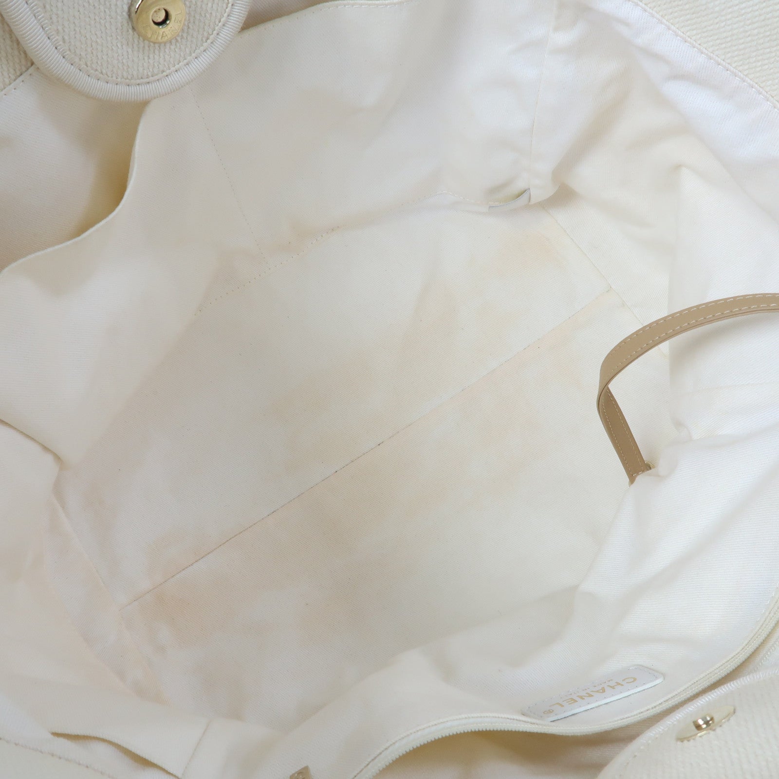 CHANEL 帆布Deauville Tote金扣手挽肩背兩用袋米色