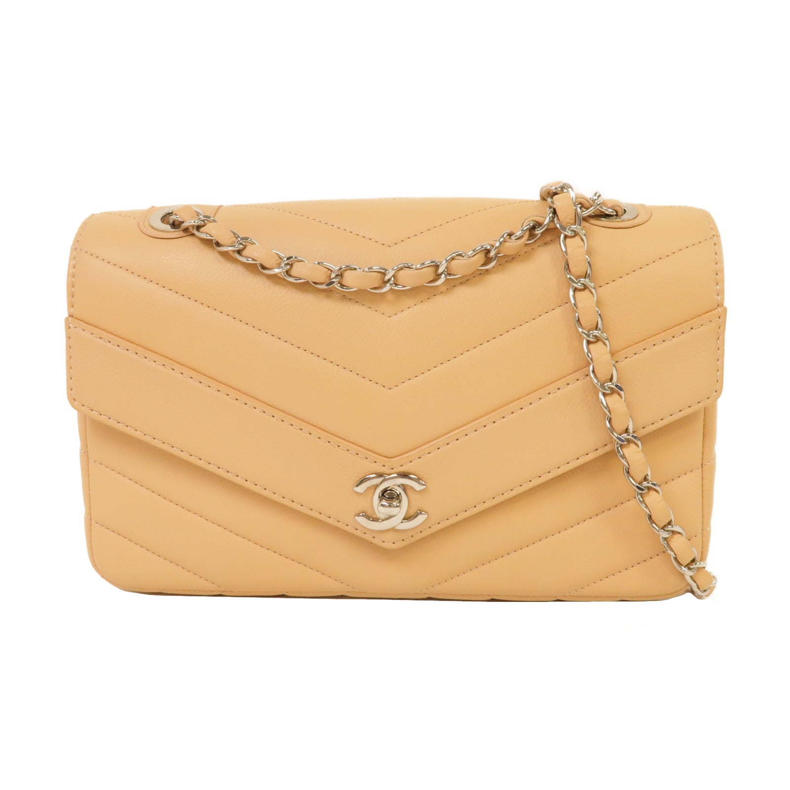 CHANEL 【激減優惠】牛皮皮革Chain Shoulder銀扣鏈帶肩背袋杏色
