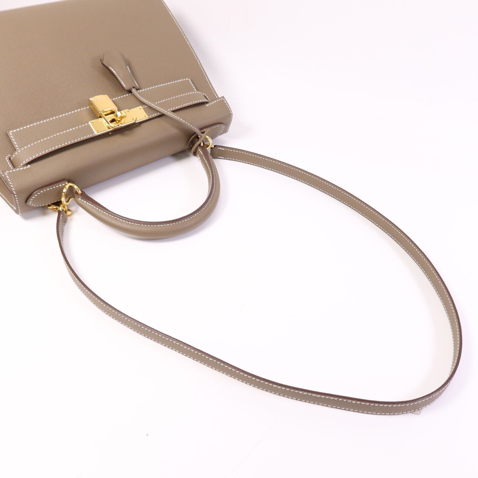 HERMES Epsom皮革Kelly 28 Sellier金扣手挽肩背兩用袋Etoupe