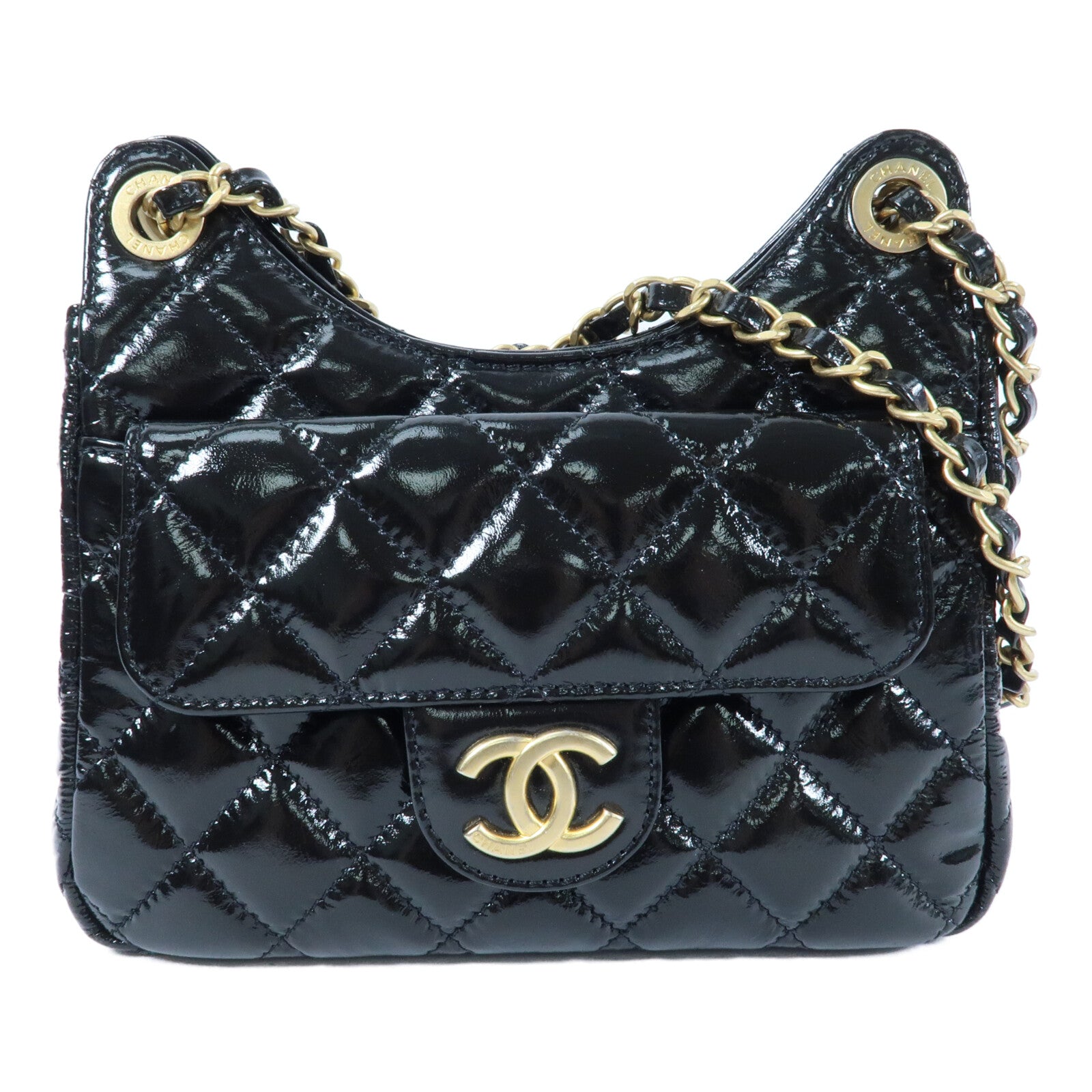 CHANEL 【激減優惠】漆皮皮革Wavy CC Hobo金扣鏈帶肩背袋