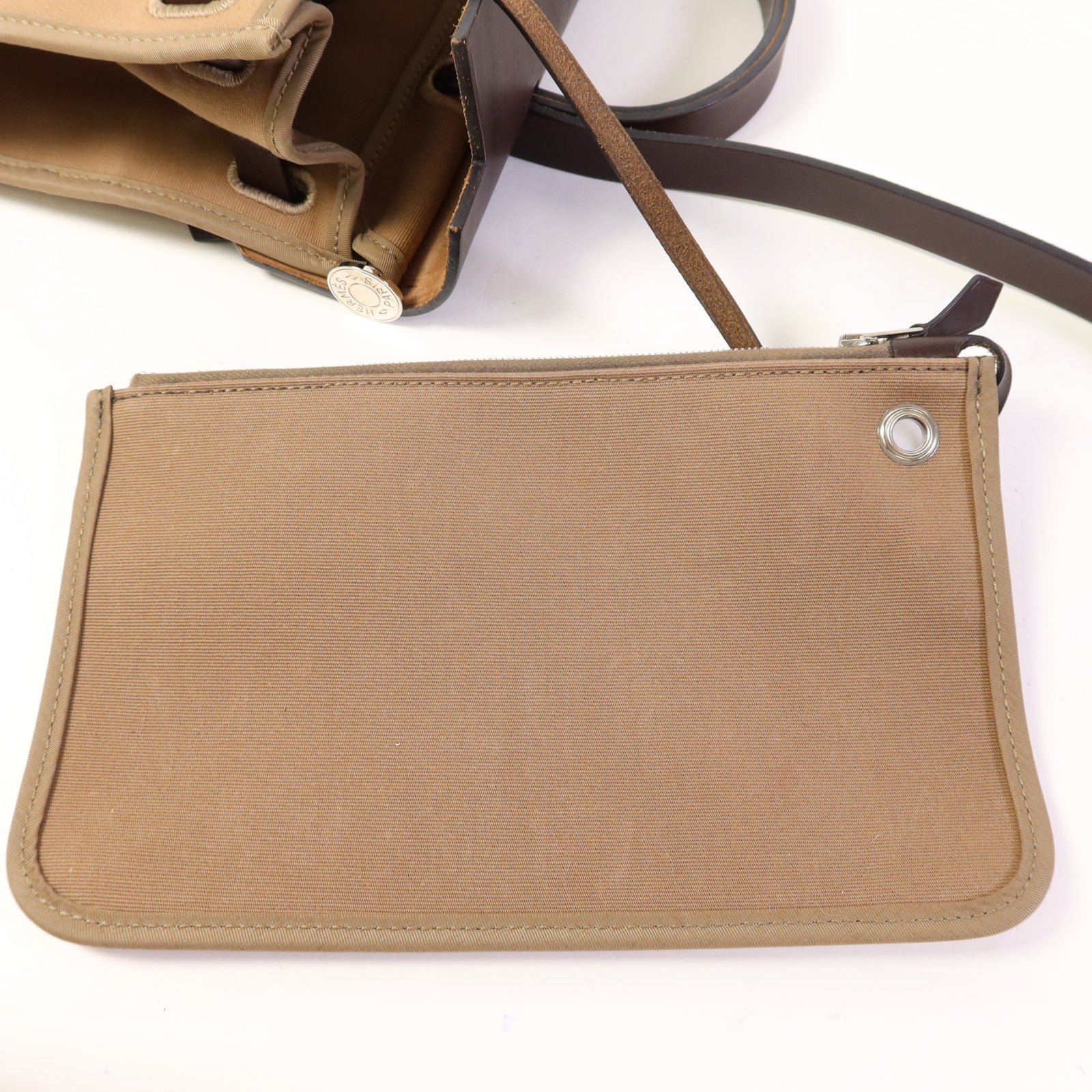 HERMES 帆布Herbag PM銀扣手挽肩背兩用袋Etoupe