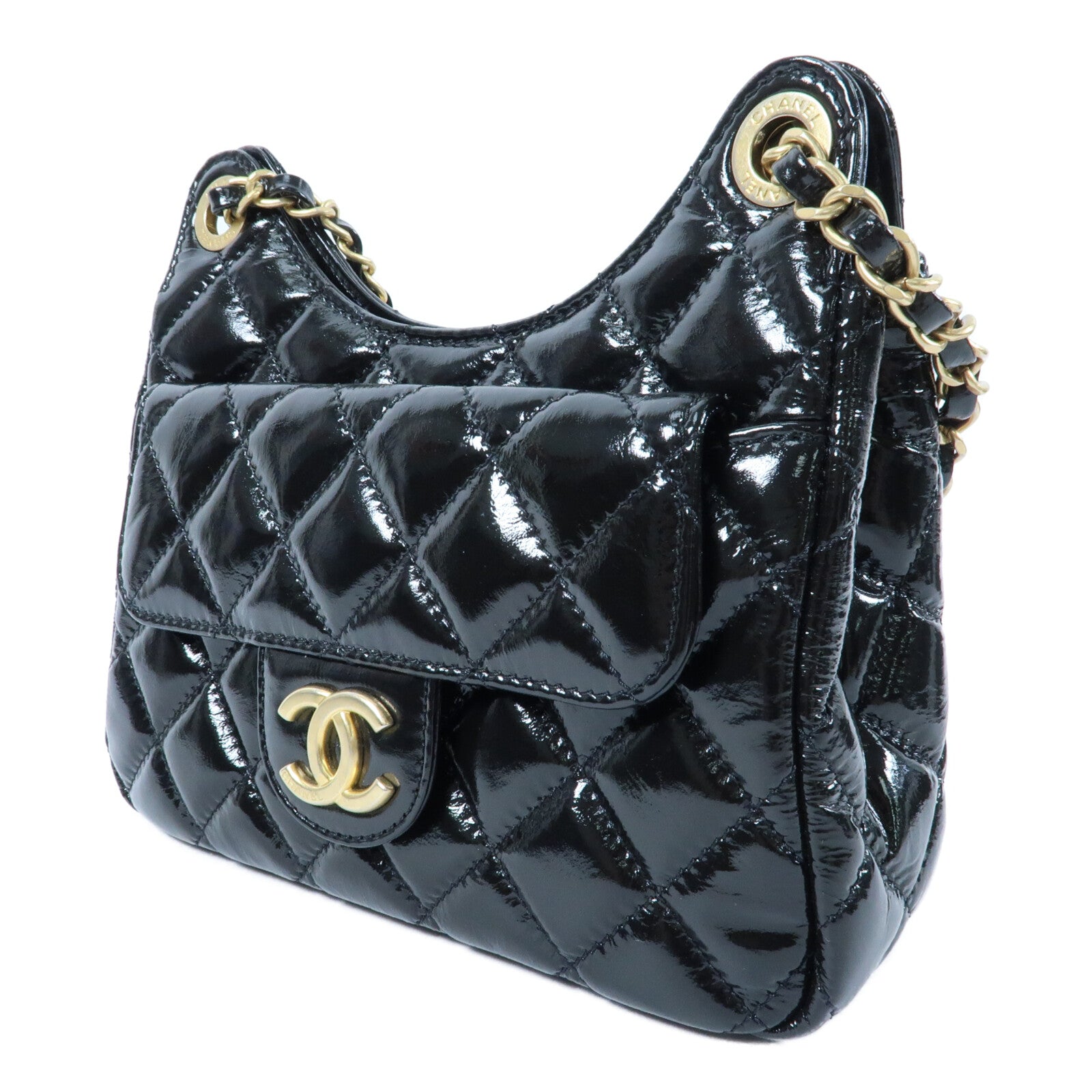 CHANEL 【激減優惠】漆皮皮革Wavy CC Hobo金扣鏈帶肩背袋