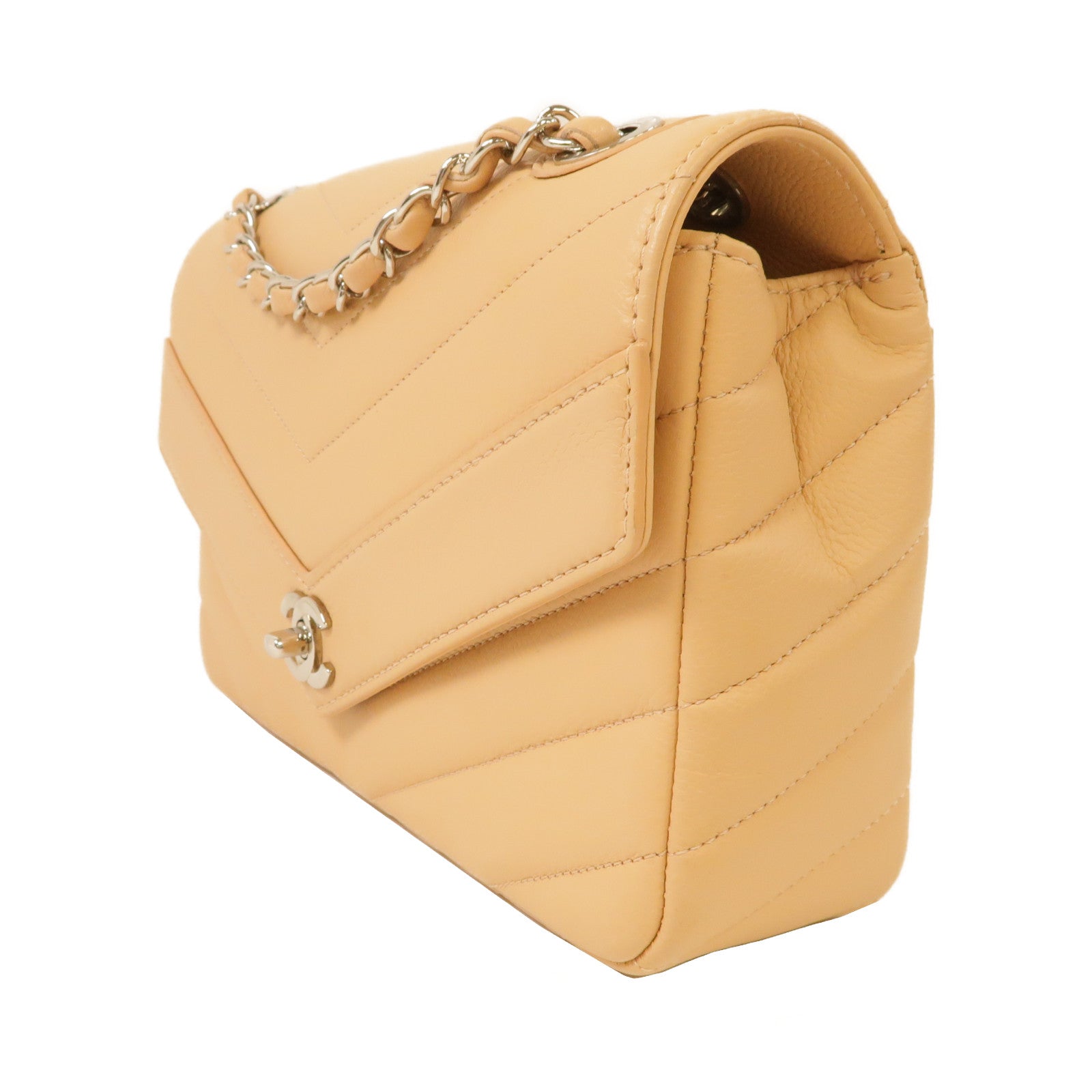 CHANEL 【激減優惠】牛皮皮革Chain Shoulder銀扣鏈帶肩背袋杏色