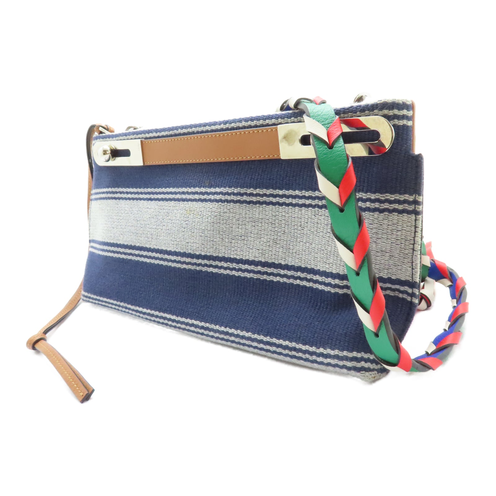 LOEWE 牛皮皮革/帆布Shoulder Bag銀扣手挽肩背兩用袋藍色/啡色