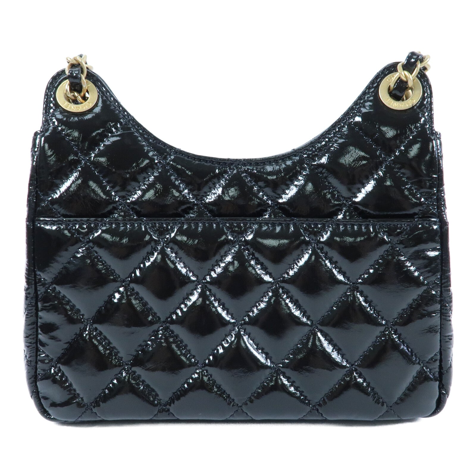 CHANEL 【激減優惠】漆皮皮革Wavy CC Hobo金扣鏈帶肩背袋