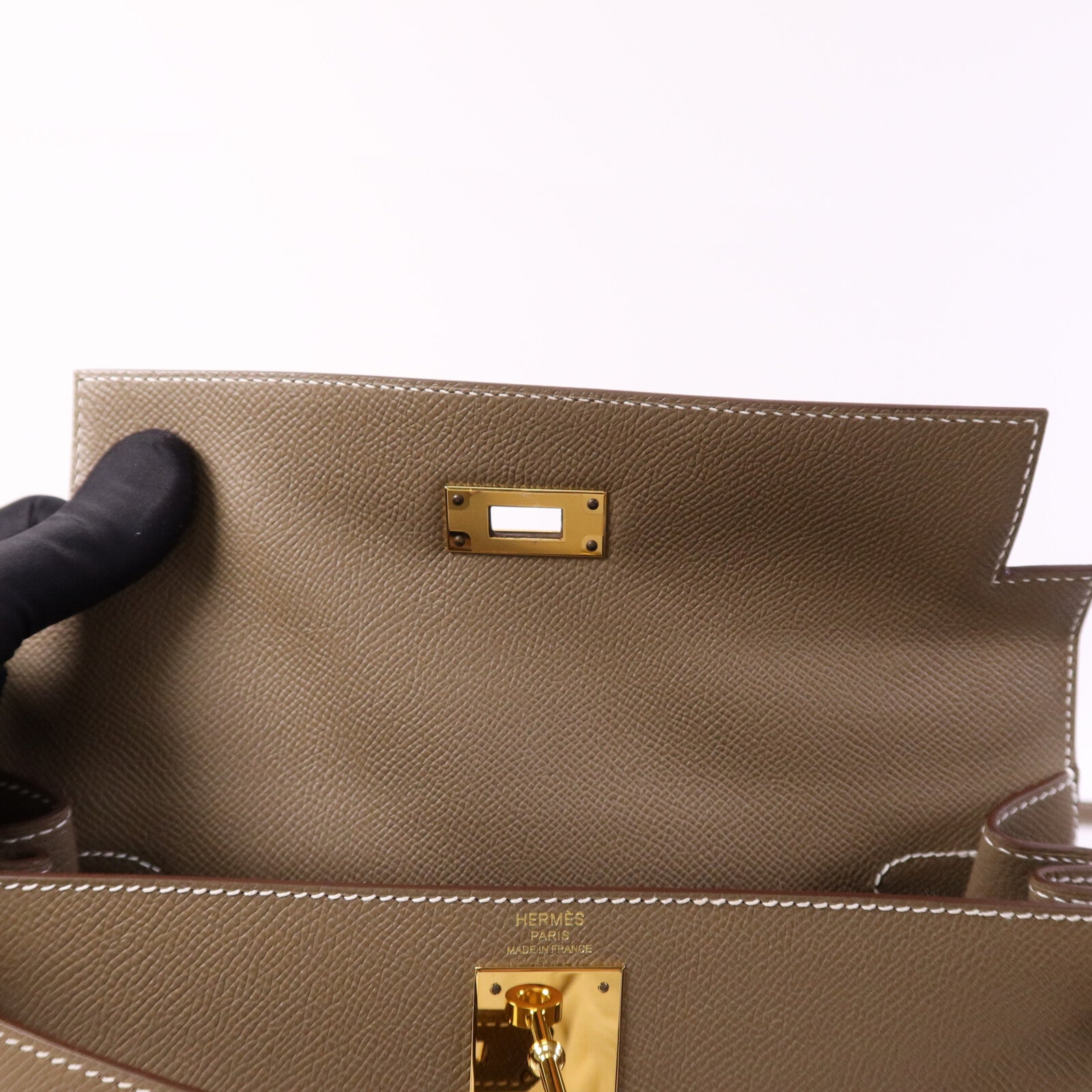 HERMES Epsom皮革Kelly 28 Sellier金扣手挽肩背兩用袋Etoupe