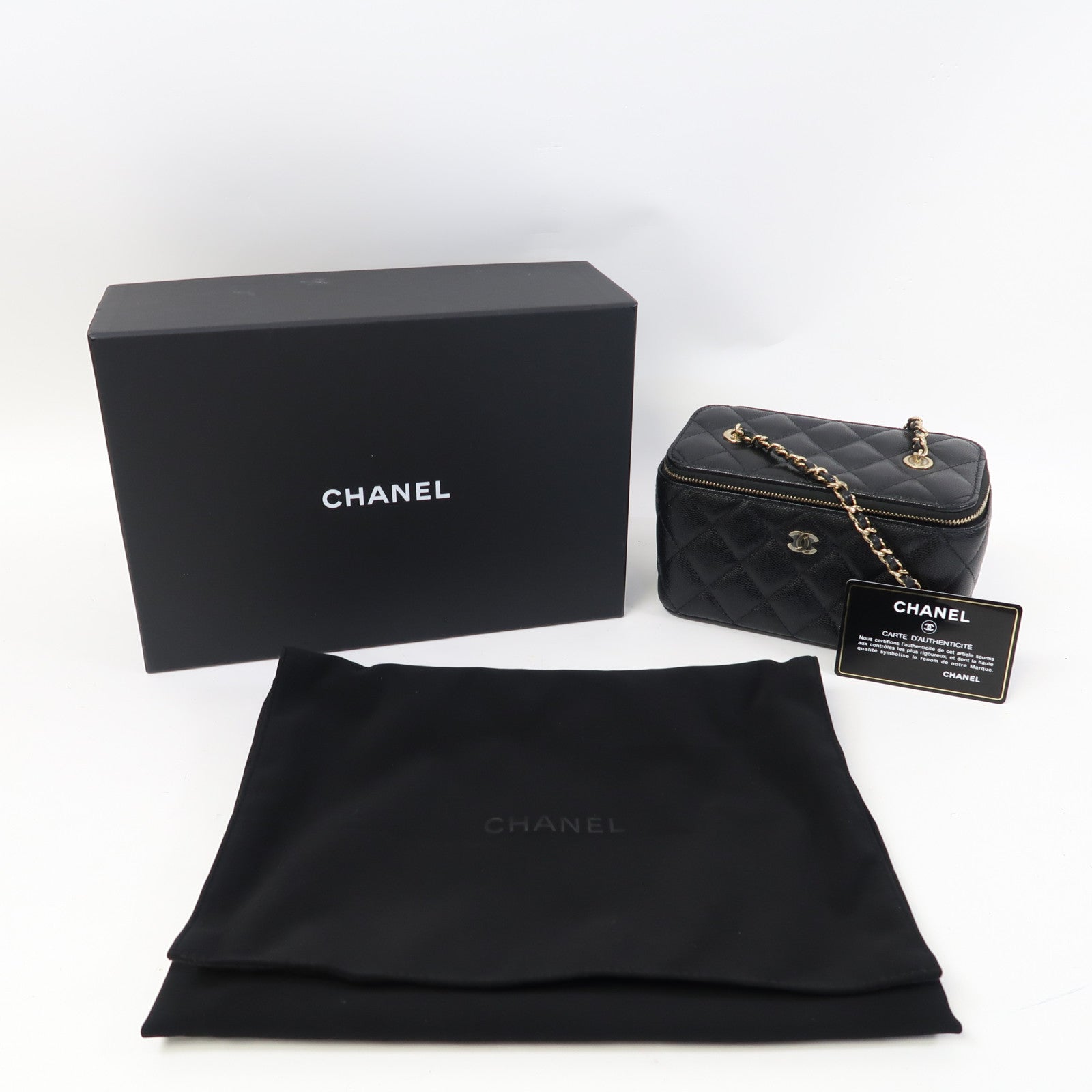 CHANEL 【激減優惠】菱格Caviar皮革Vanity Case金扣鏈帶肩背袋黑色