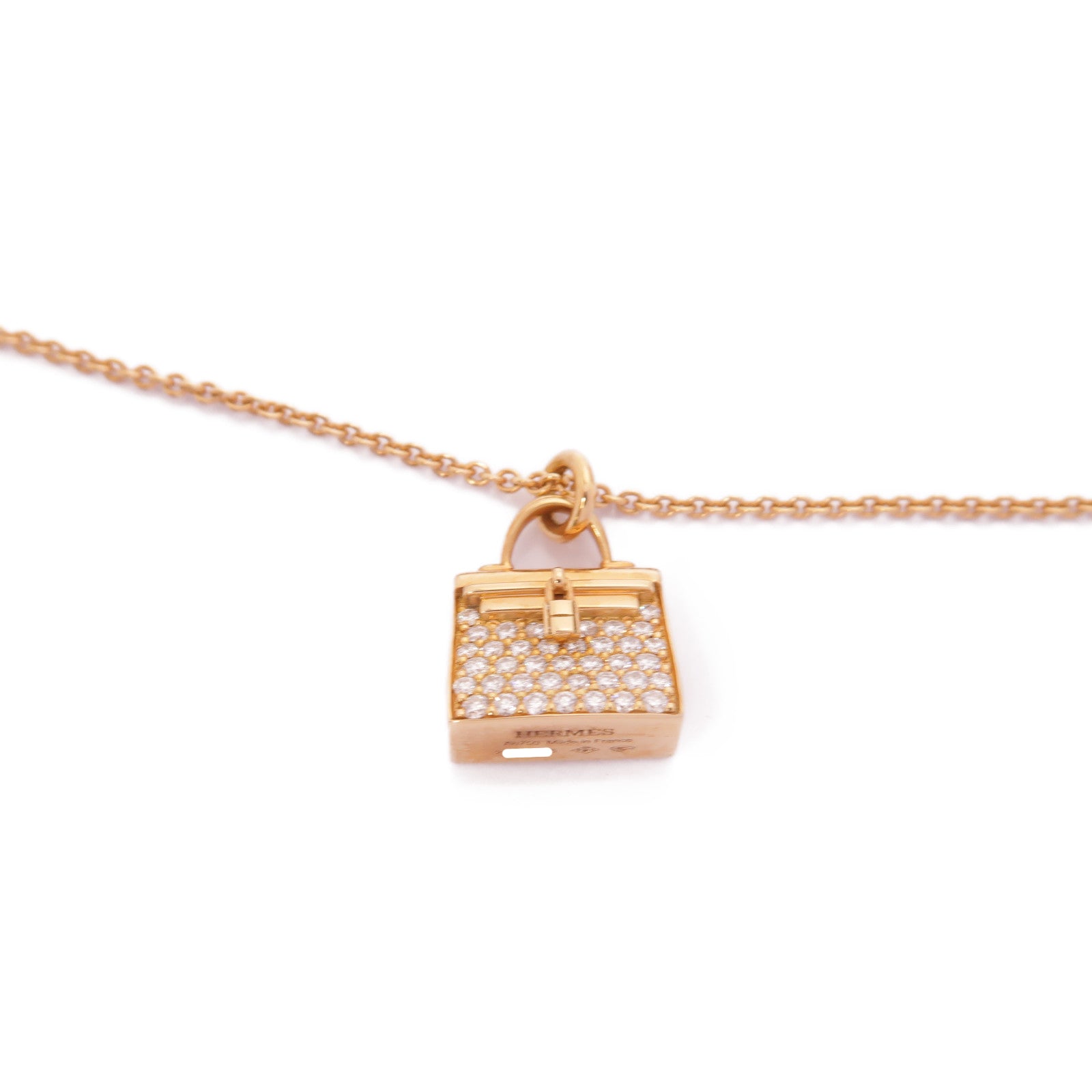 HERMES 18K玫瑰金Amulettes Kelly Pendant Necklace 0.39ct鑽石項鍊金色