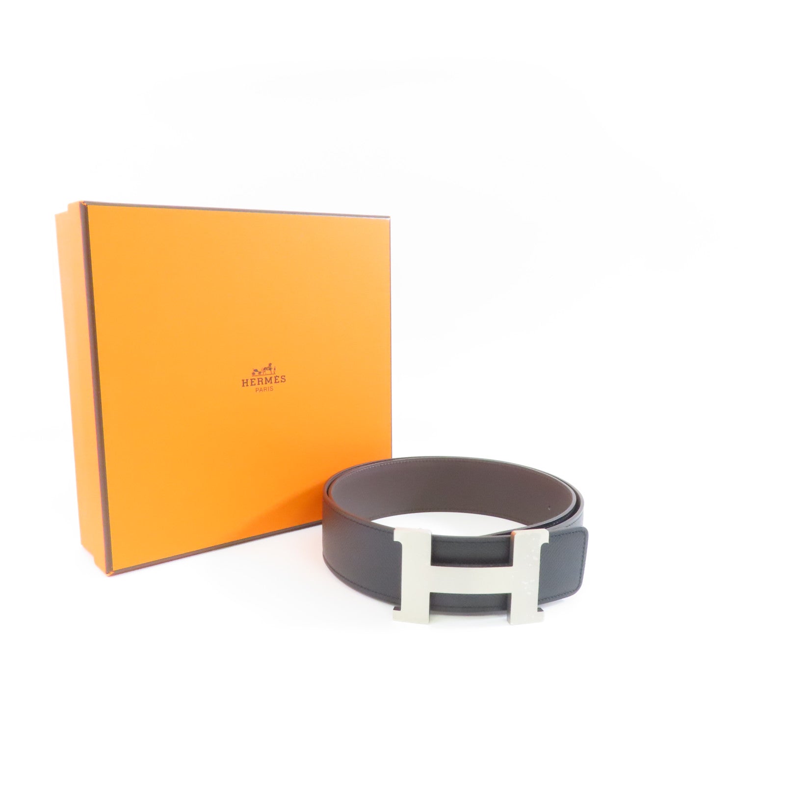 HERMES 【激減優惠】Epsom皮革Belt銀扣皮帶89 Noir黑色/啡色