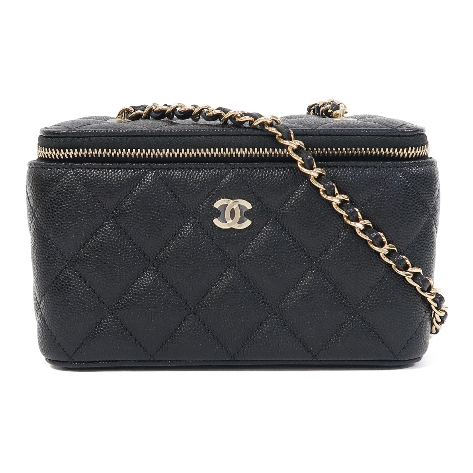 CHANEL 【激減優惠】菱格Caviar皮革Vanity Case金扣鏈帶肩背袋黑色