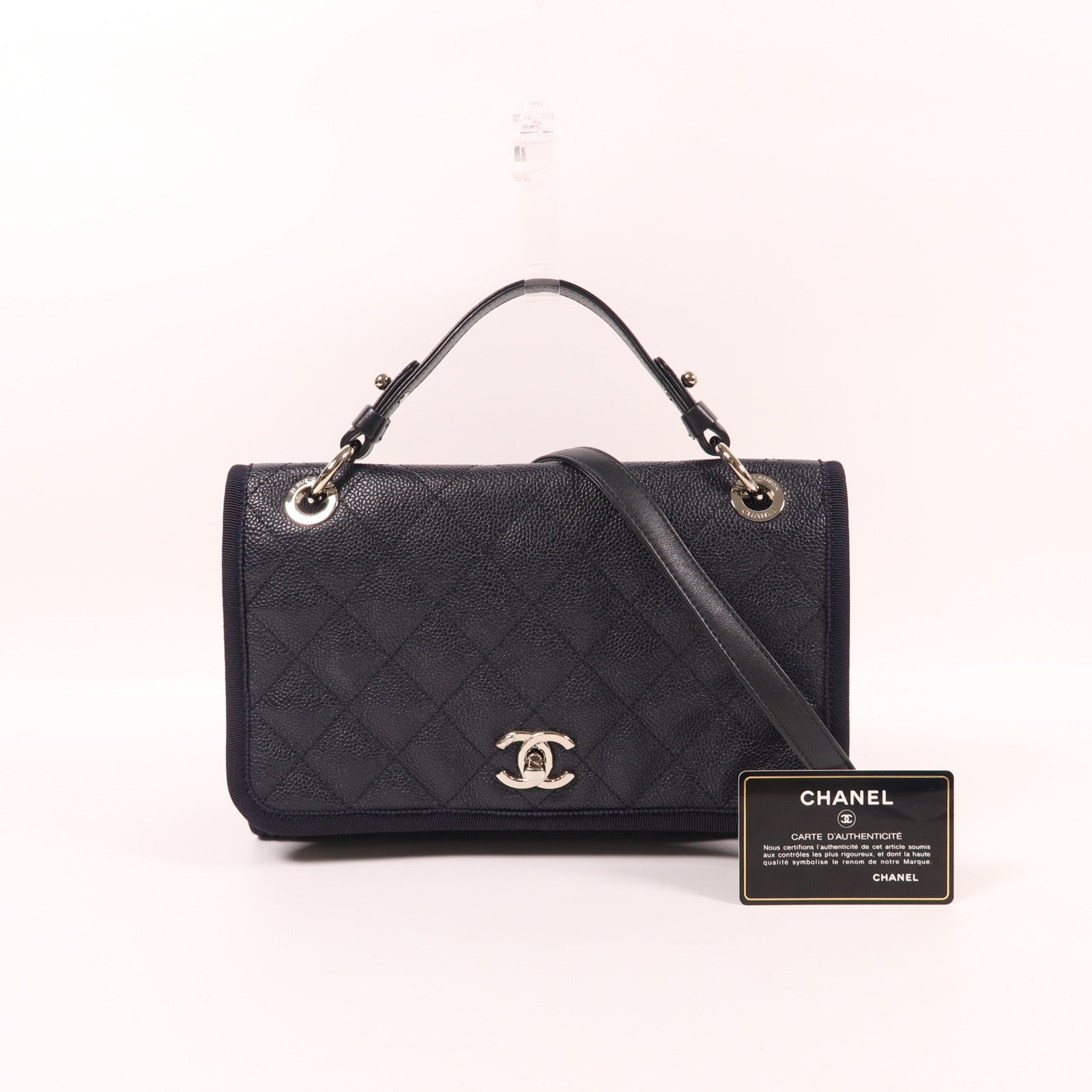 CHANEL 牛皮皮革Shoulder Bag銀扣手挽肩背兩用袋深藍色
