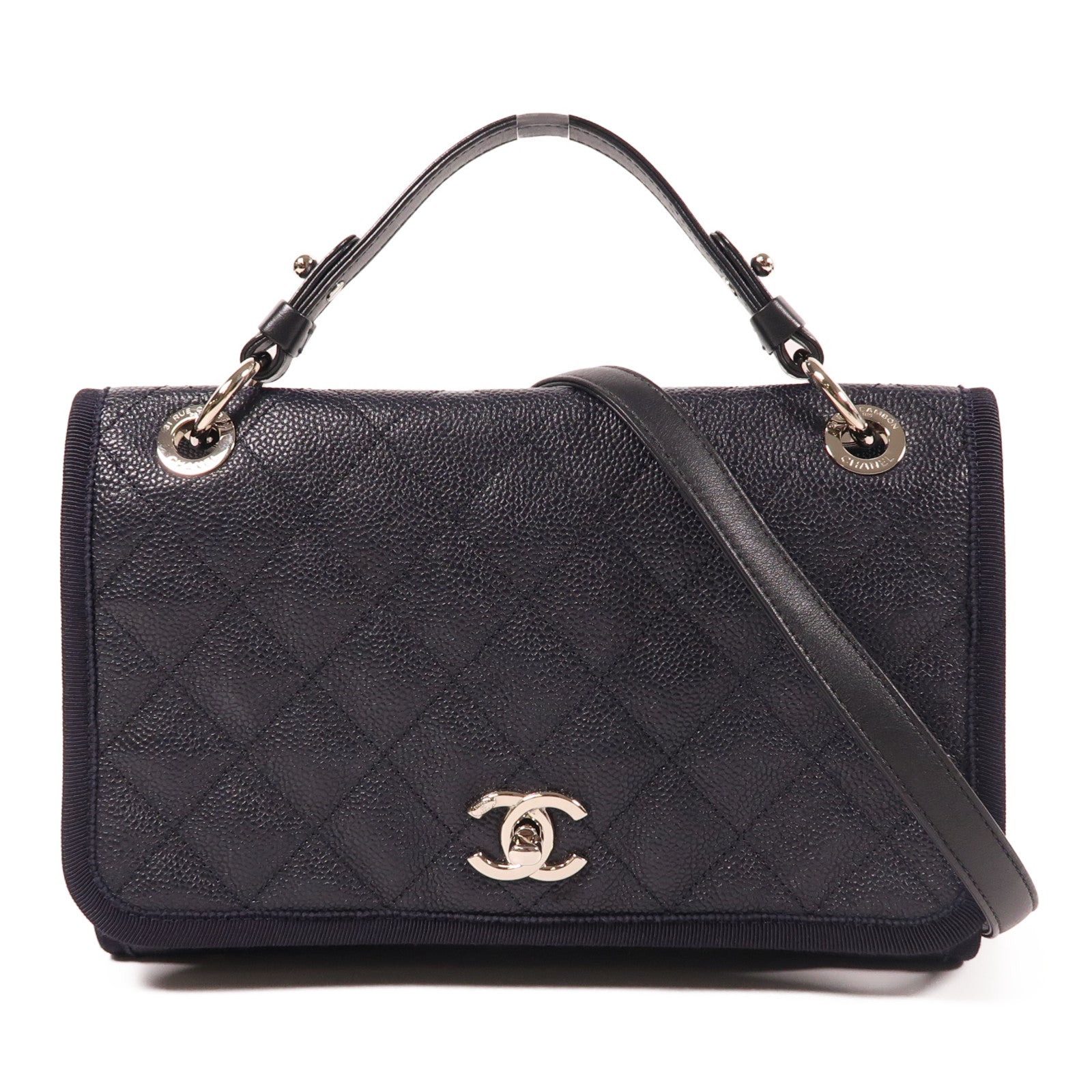 CHANEL 牛皮皮革Shoulder Bag銀扣手挽肩背兩用袋深藍色