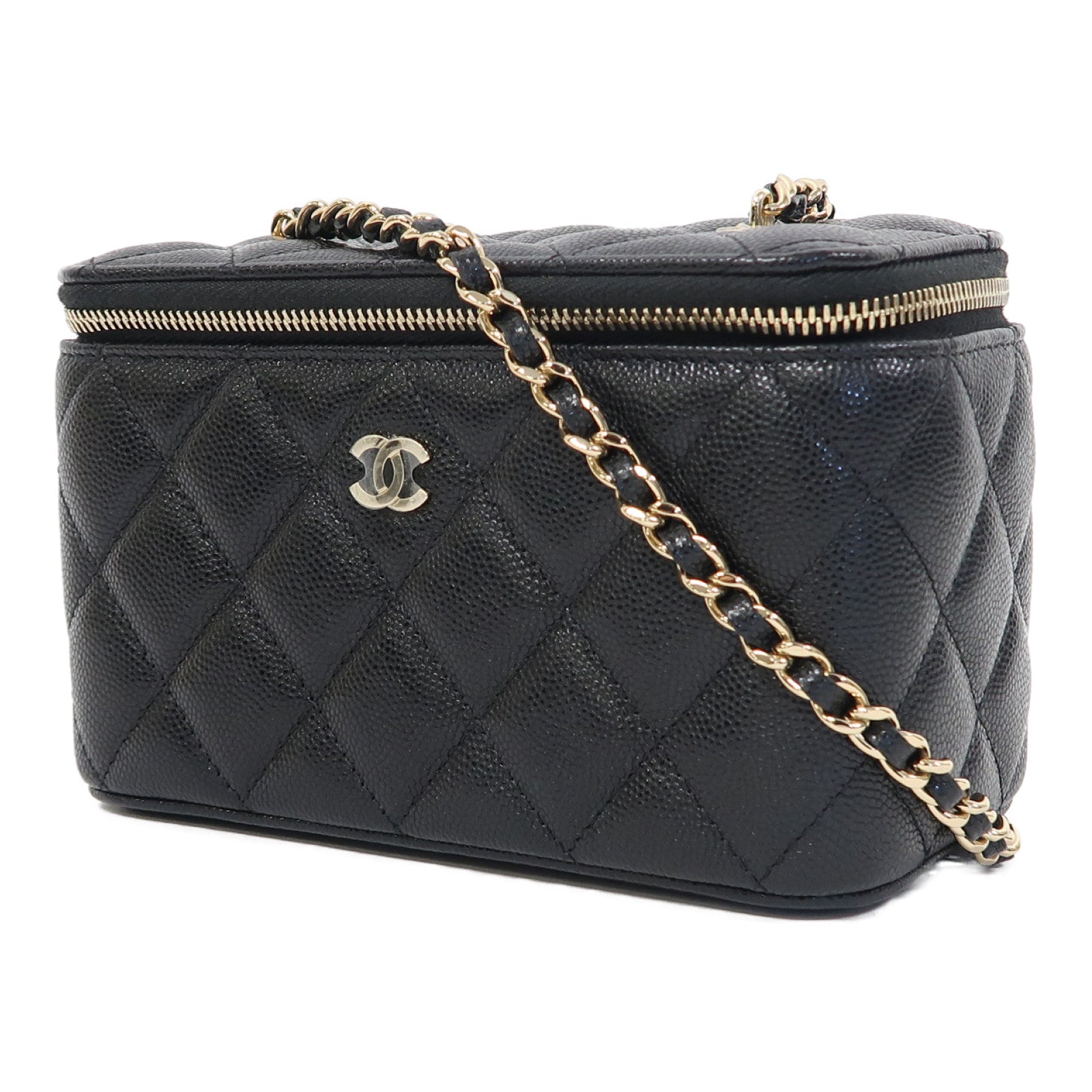 CHANEL 【激減優惠】菱格Caviar皮革Vanity Case金扣鏈帶肩背袋黑色