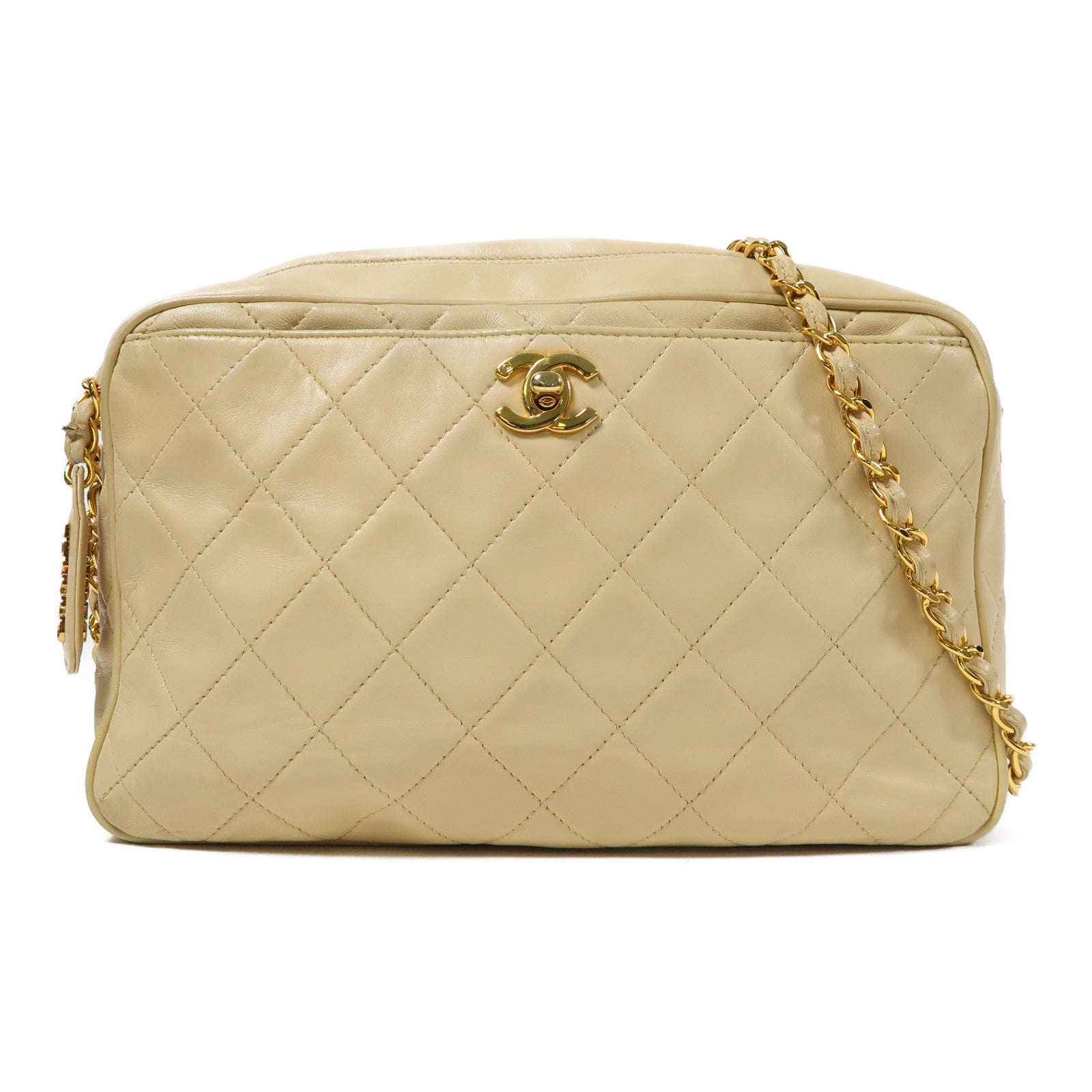 CHANEL 菱格羊皮皮革Shoulder Bag金扣肩背袋米色