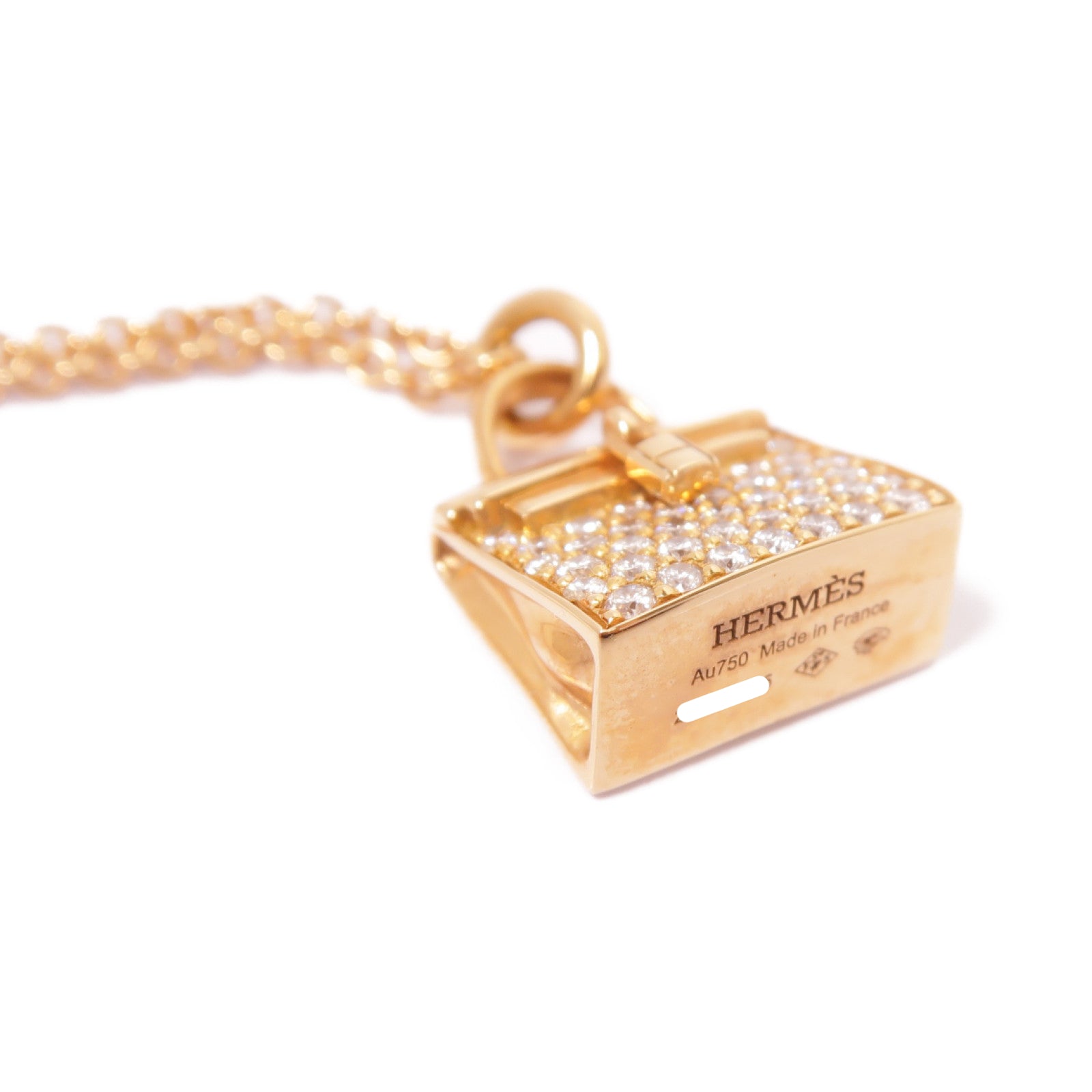 HERMES 18K玫瑰金Amulettes Kelly Pendant Necklace 0.39ct鑽石項鍊金色