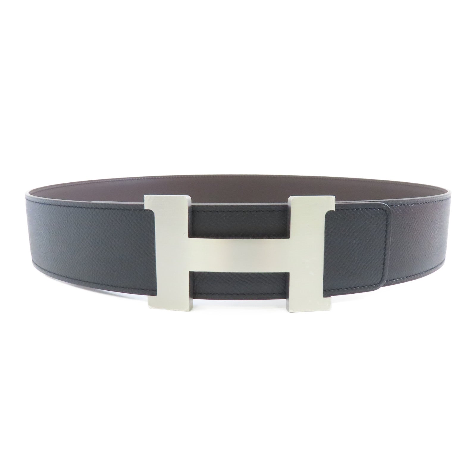 HERMES 【激減優惠】Epsom皮革Belt銀扣皮帶89 Noir黑色/啡色