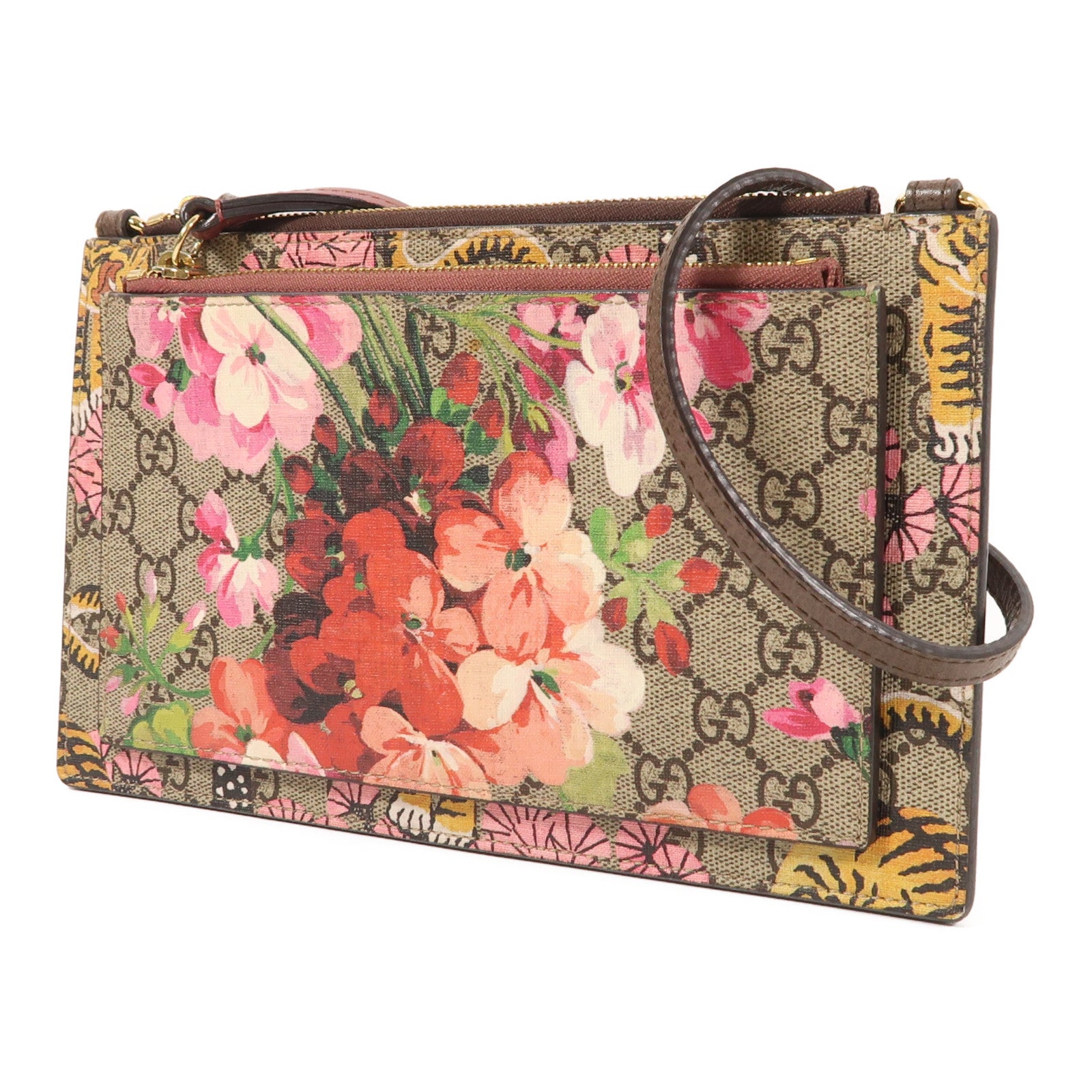 GUCCI GG GHW Bengal Tiger Flower Shoulder Bag 454111 Coated Canvas Brown