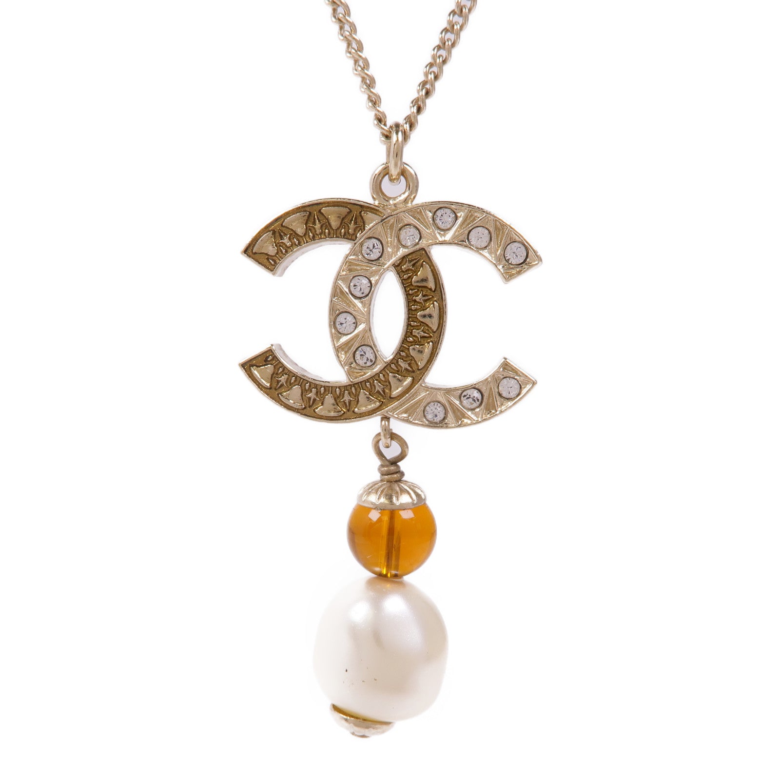 CHANEL CC Necklace Metal Gold White Orange