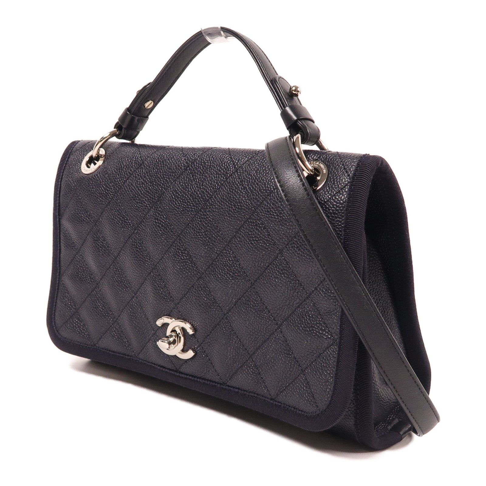 CHANEL 牛皮皮革Shoulder Bag銀扣手挽肩背兩用袋深藍色