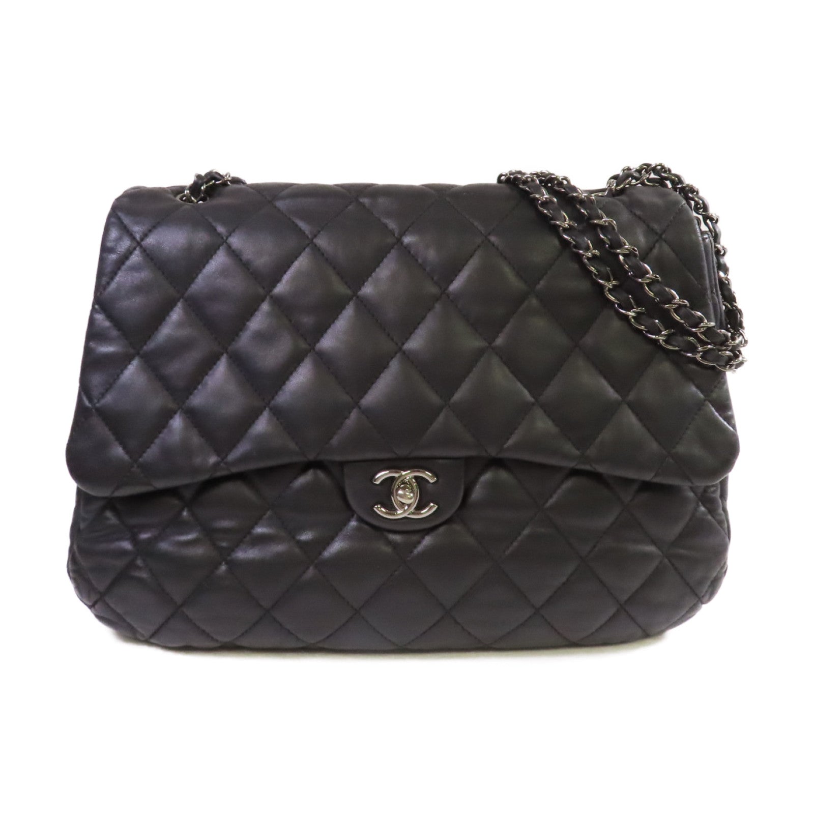 CHANEL 菱格牛皮皮革Chain Shoulder Bag銀扣鏈帶肩背袋黑色