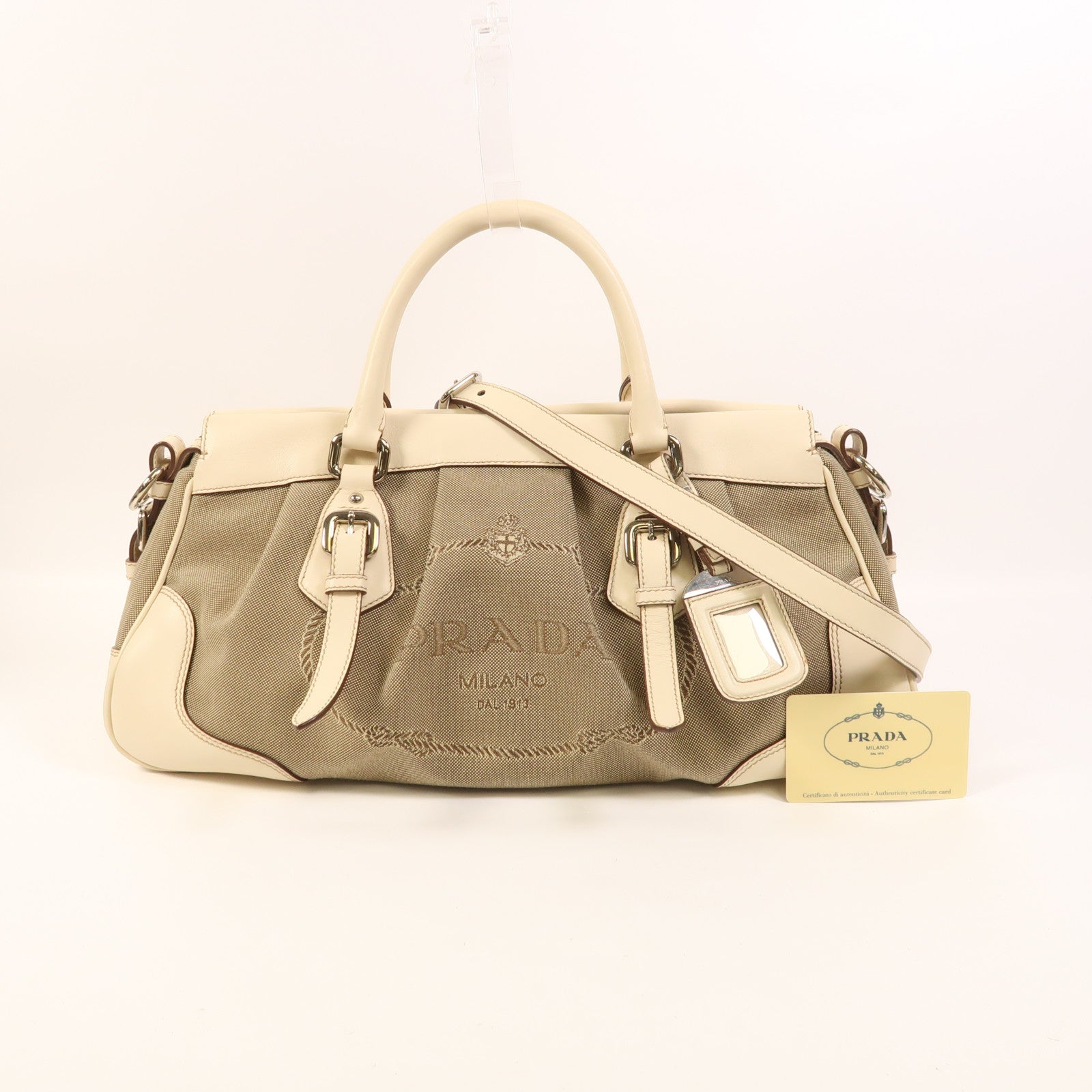 PRADA 【激減優惠】帆布/牛皮皮革2 Way Shoulder銀扣手挽肩背兩用袋