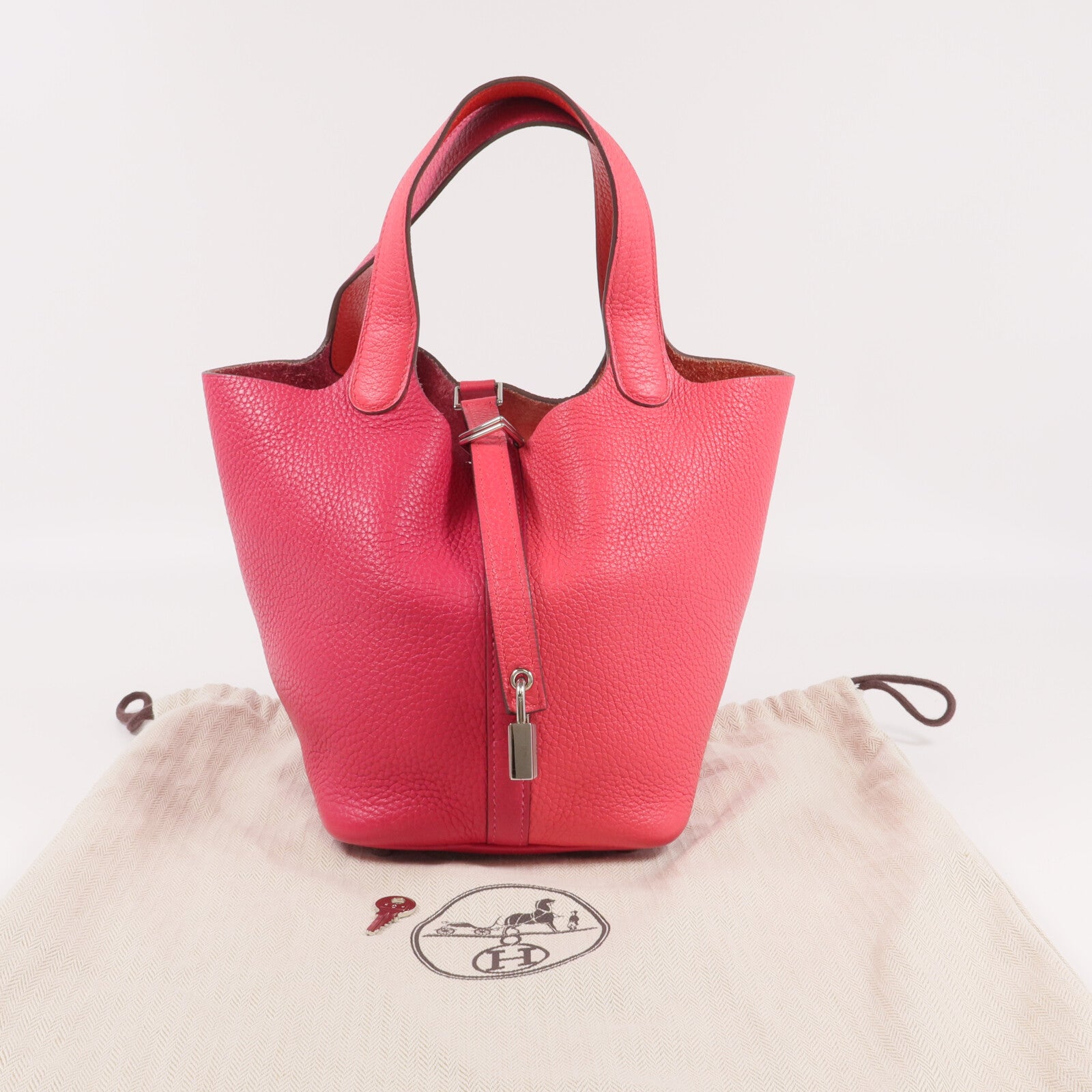 HERMES Clemence皮革Picotin PM銀扣手挽袋Rose Mexico/Rouge de Coeur