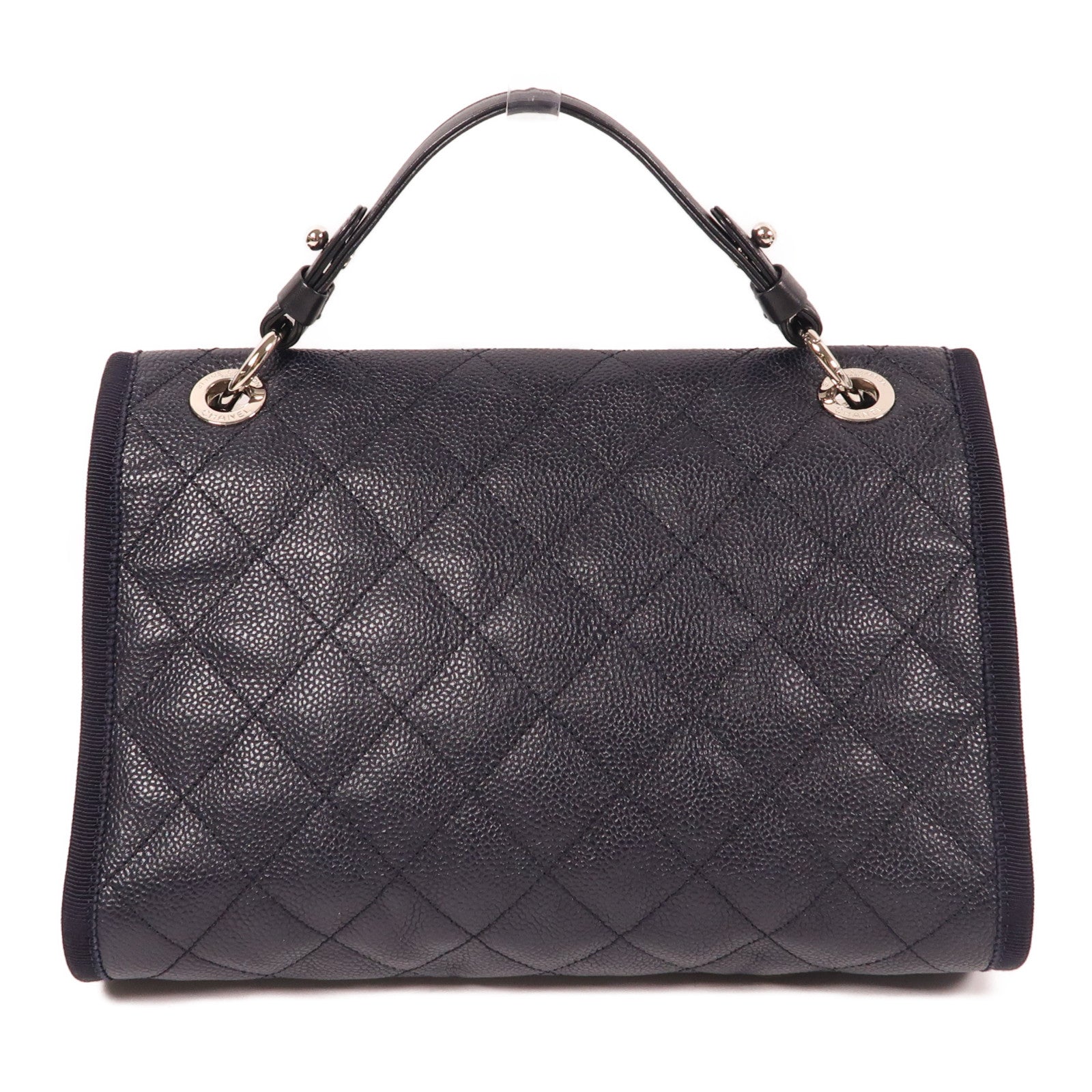 CHANEL 牛皮皮革Shoulder Bag銀扣手挽肩背兩用袋深藍色