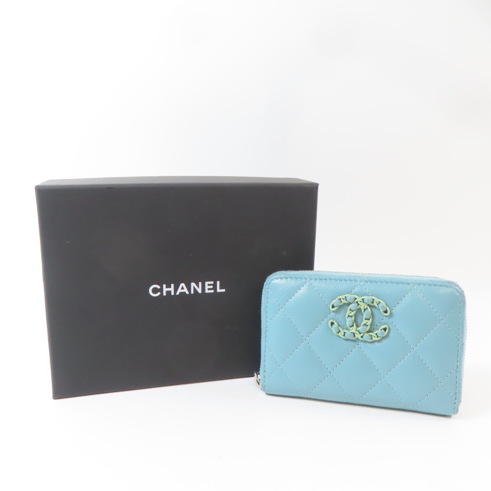 CHANEL 菱格Caviar皮革Round Wallet銀扣錢包綠松石色