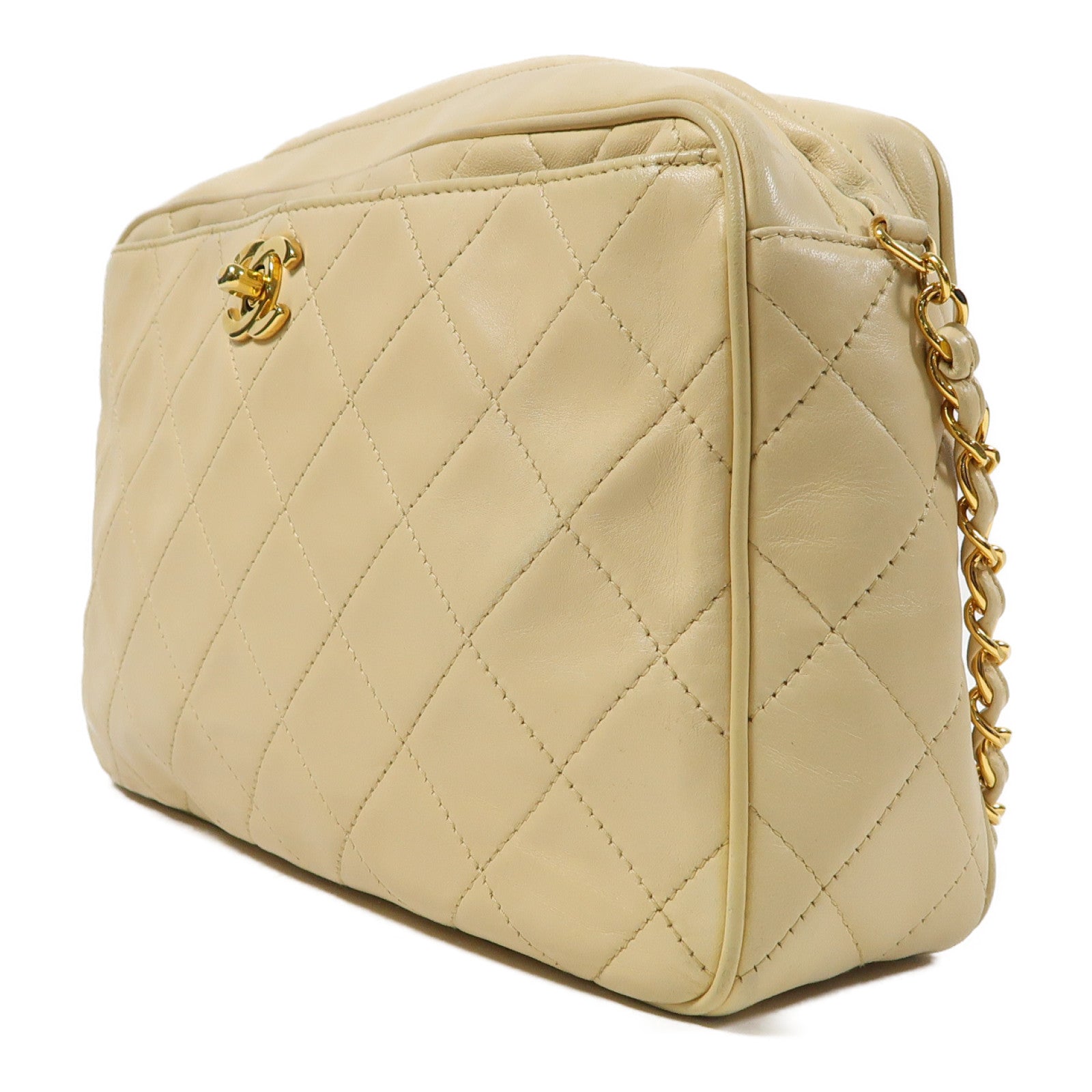 CHANEL 菱格羊皮皮革Shoulder Bag金扣肩背袋米色