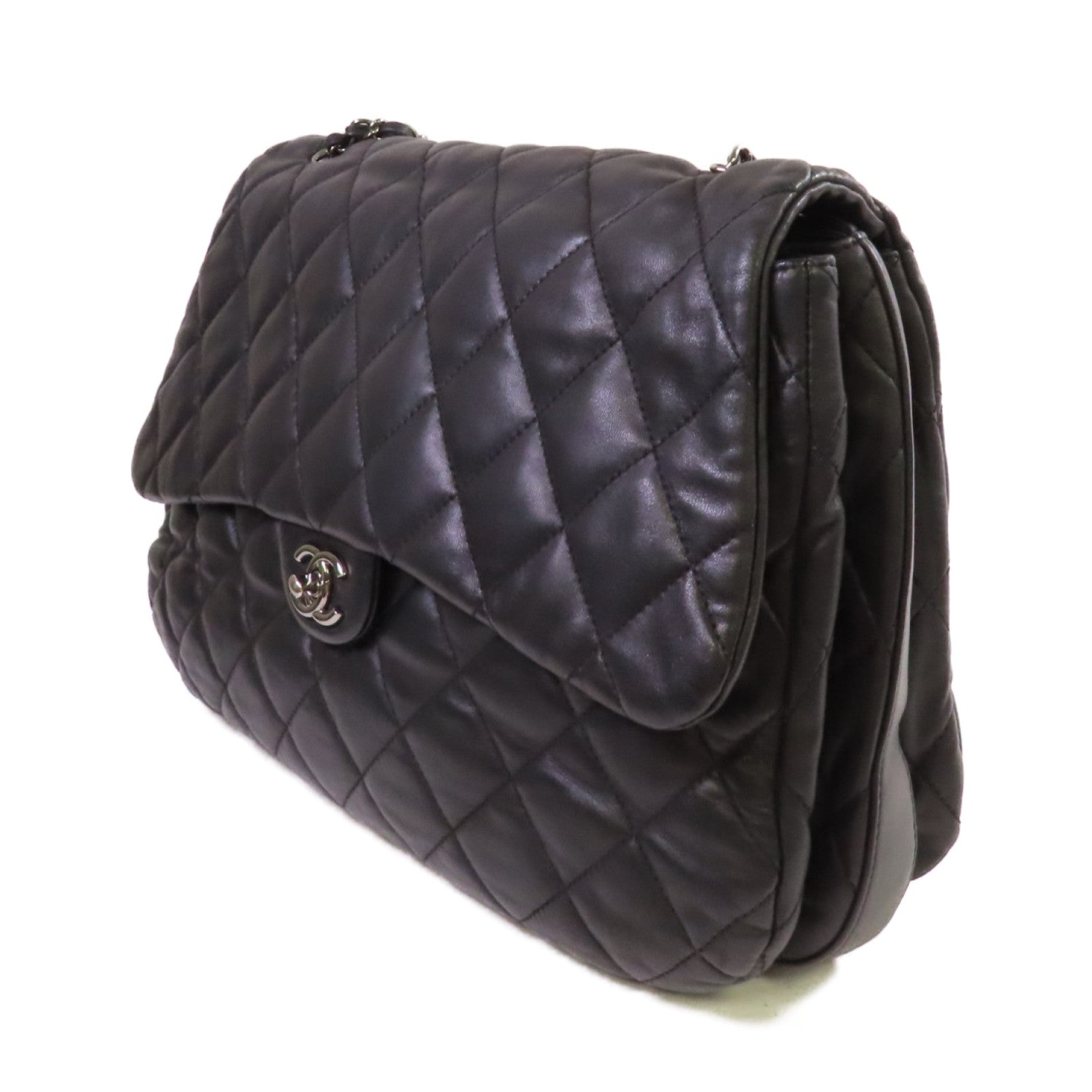 CHANEL 菱格牛皮皮革Chain Shoulder Bag銀扣鏈帶肩背袋黑色