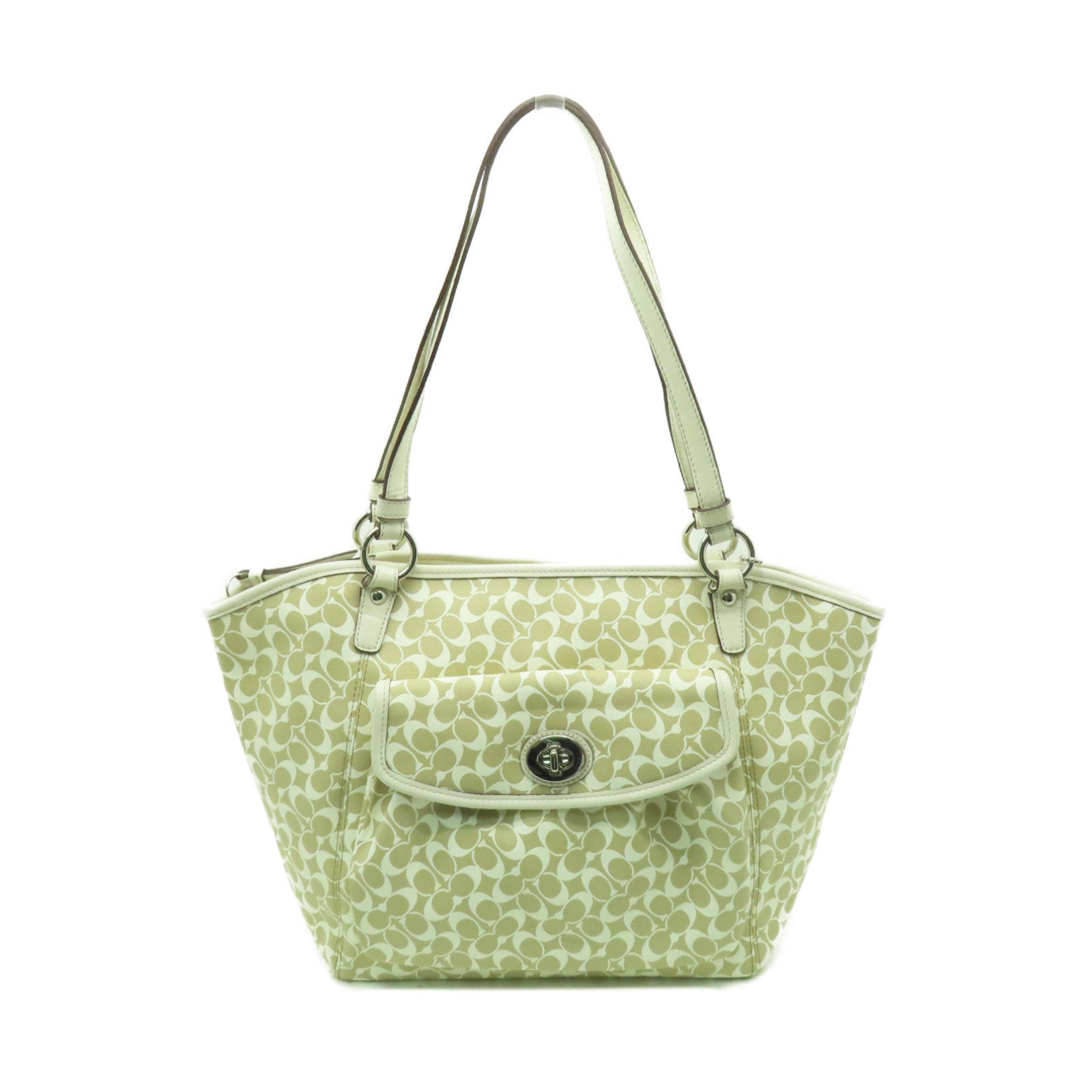 COACH 【清倉大減價】塗層帆布Tote Bag銀扣手挽袋白色/米色