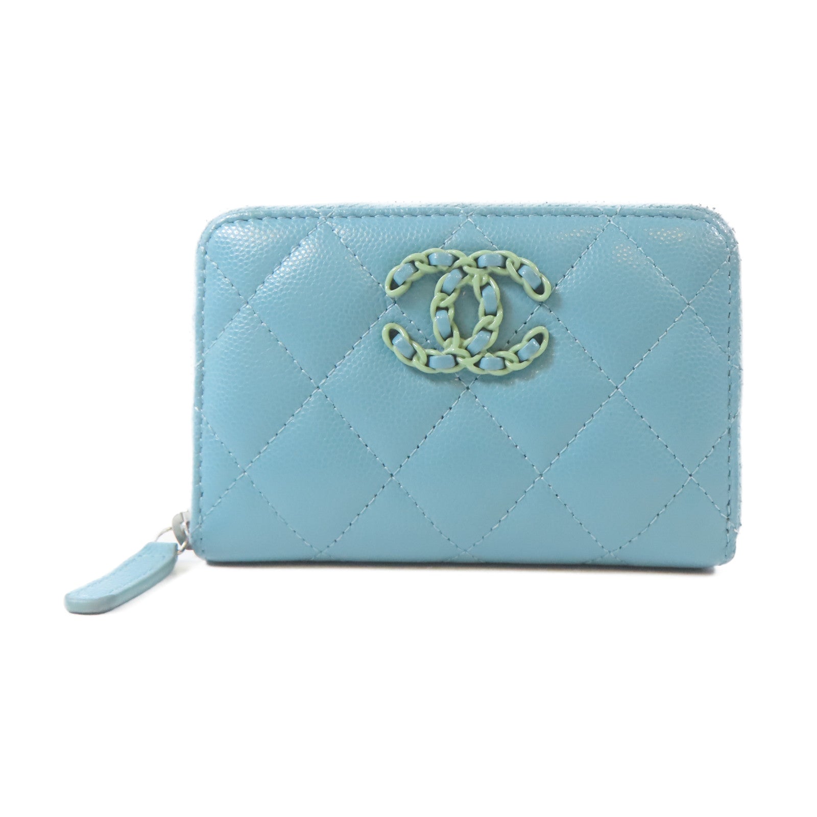 CHANEL 菱格Caviar皮革Round Wallet銀扣錢包綠松石色