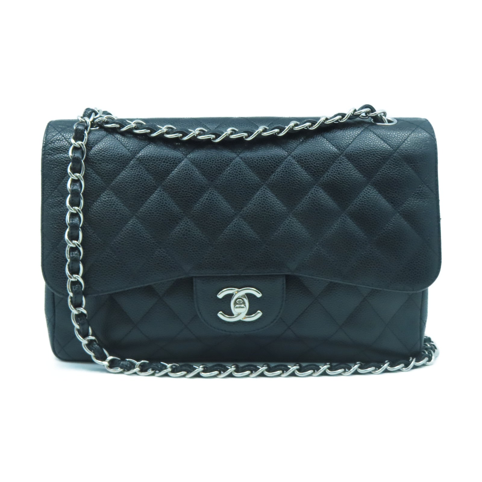 CHANEL Rhombus Caviar Leather Chain Shoulder Silver Buckle Chain Belt Shoulder Bag Black