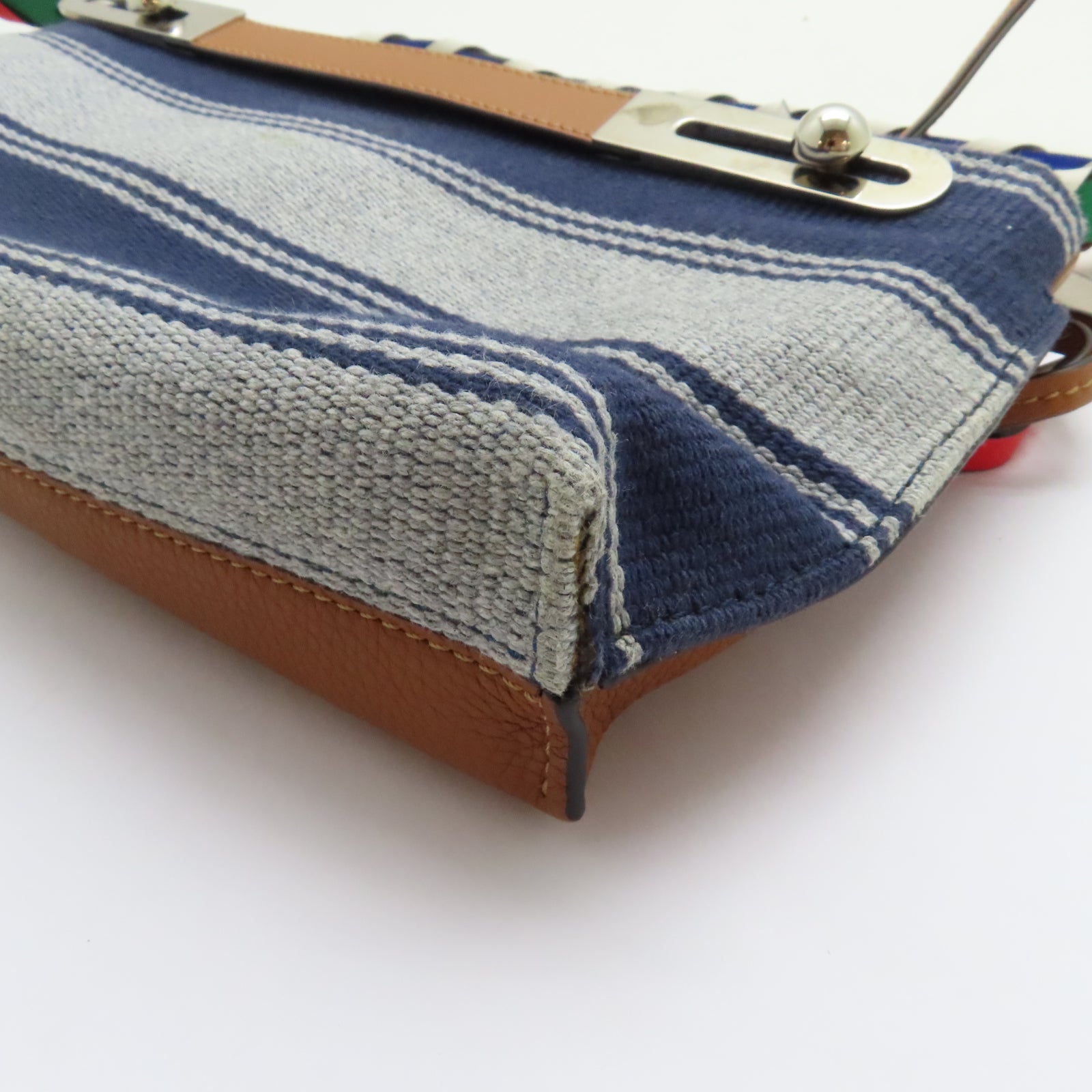 LOEWE 牛皮皮革/帆布Shoulder Bag銀扣手挽肩背兩用袋藍色/啡色