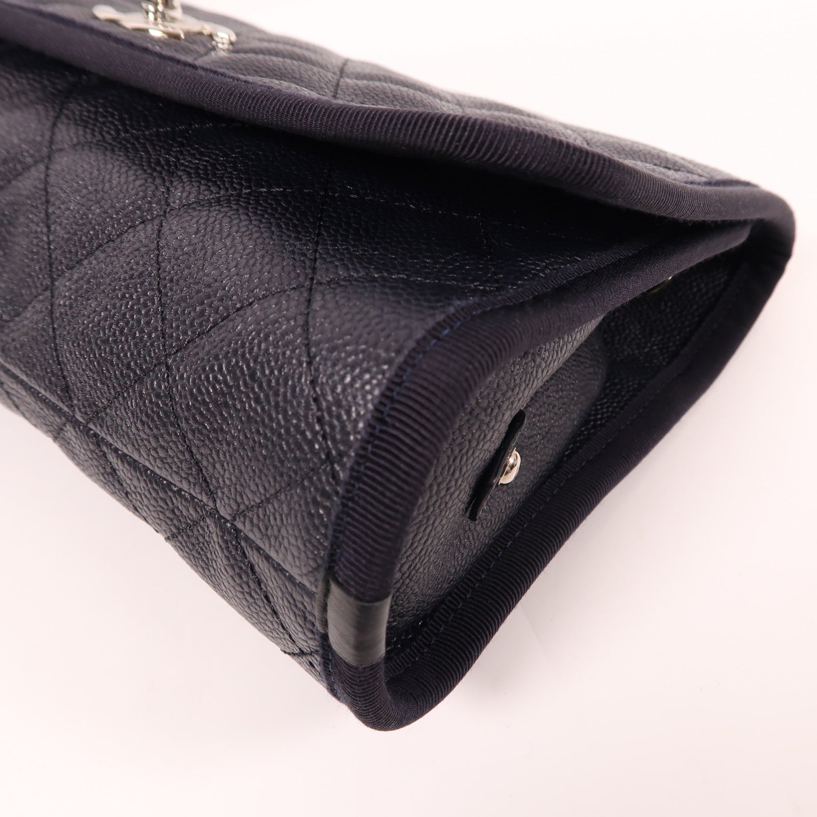 CHANEL 牛皮皮革Shoulder Bag銀扣手挽肩背兩用袋深藍色