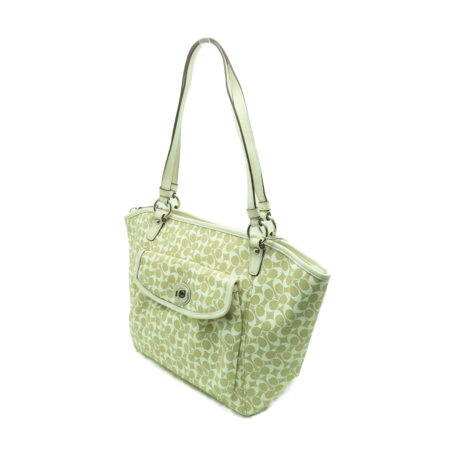 COACH 【清倉大減價】塗層帆布Tote Bag銀扣手挽袋白色/米色