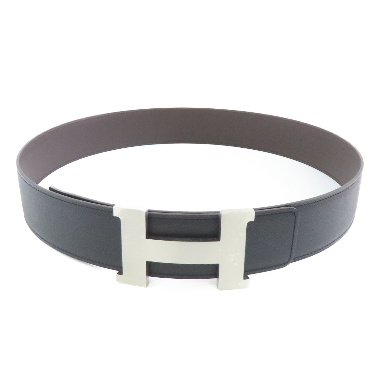 HERMES 【激減優惠】Epsom皮革Belt銀扣皮帶89 Noir黑色/啡色
