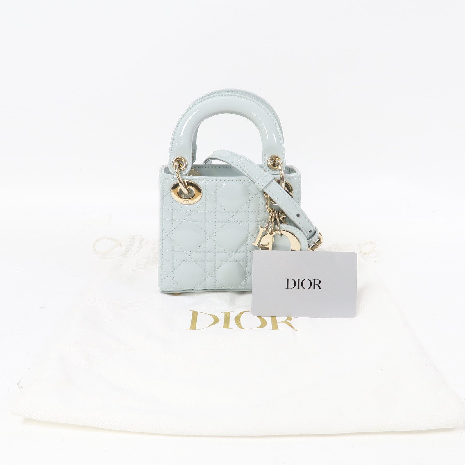 Dior 漆皮皮革Mini Lady Dior銀扣手挽肩背兩用袋淺藍色