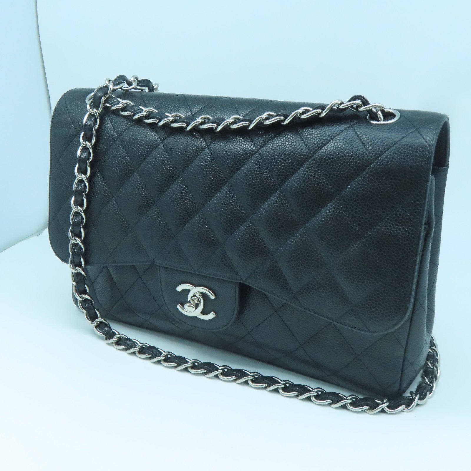 CHANEL Rhombus Caviar Leather Chain Shoulder Silver Buckle Chain Belt Shoulder Bag Black