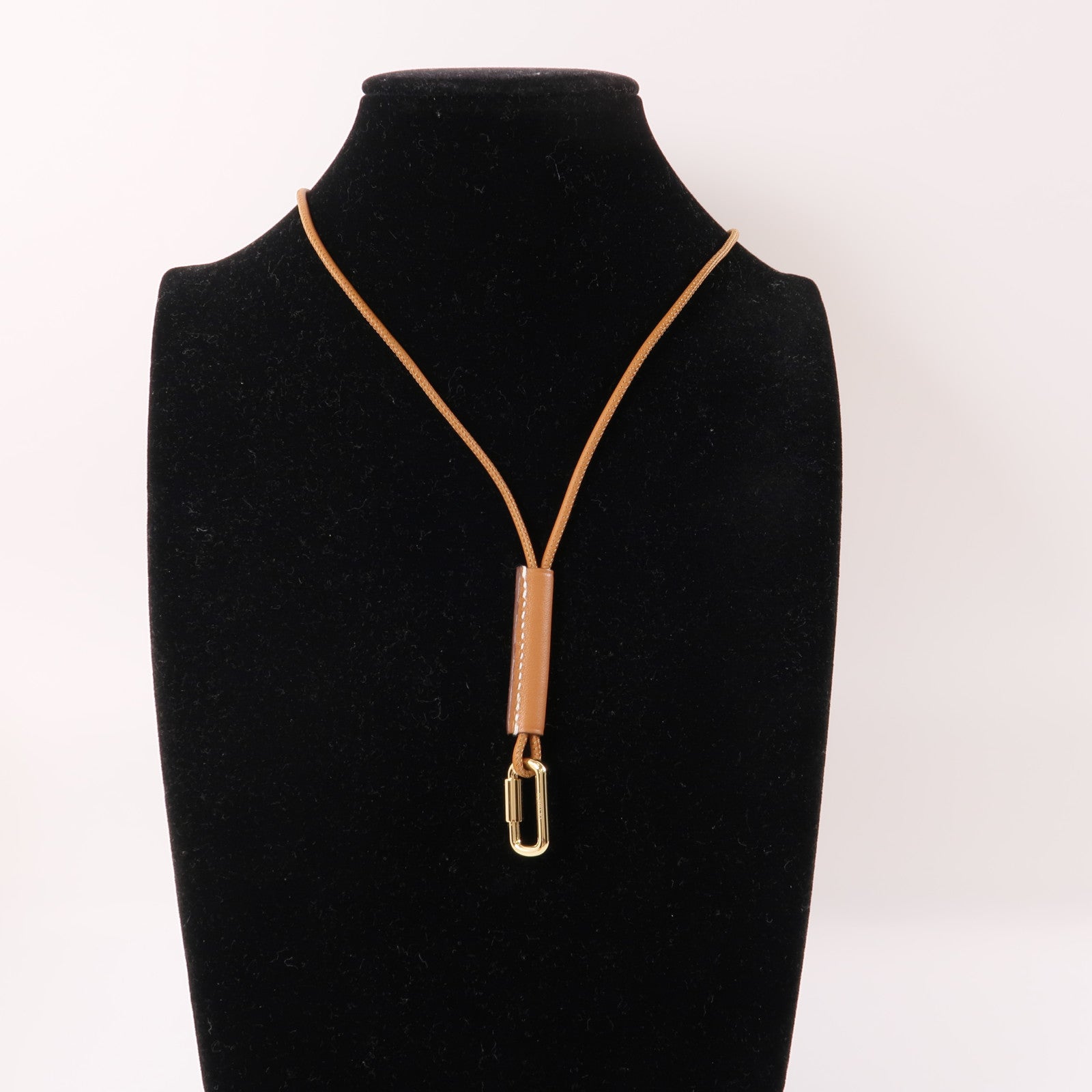 HERMES 金屬/Swift皮革Curiosite Mousqueton Necklace項鍊棕色/金色
